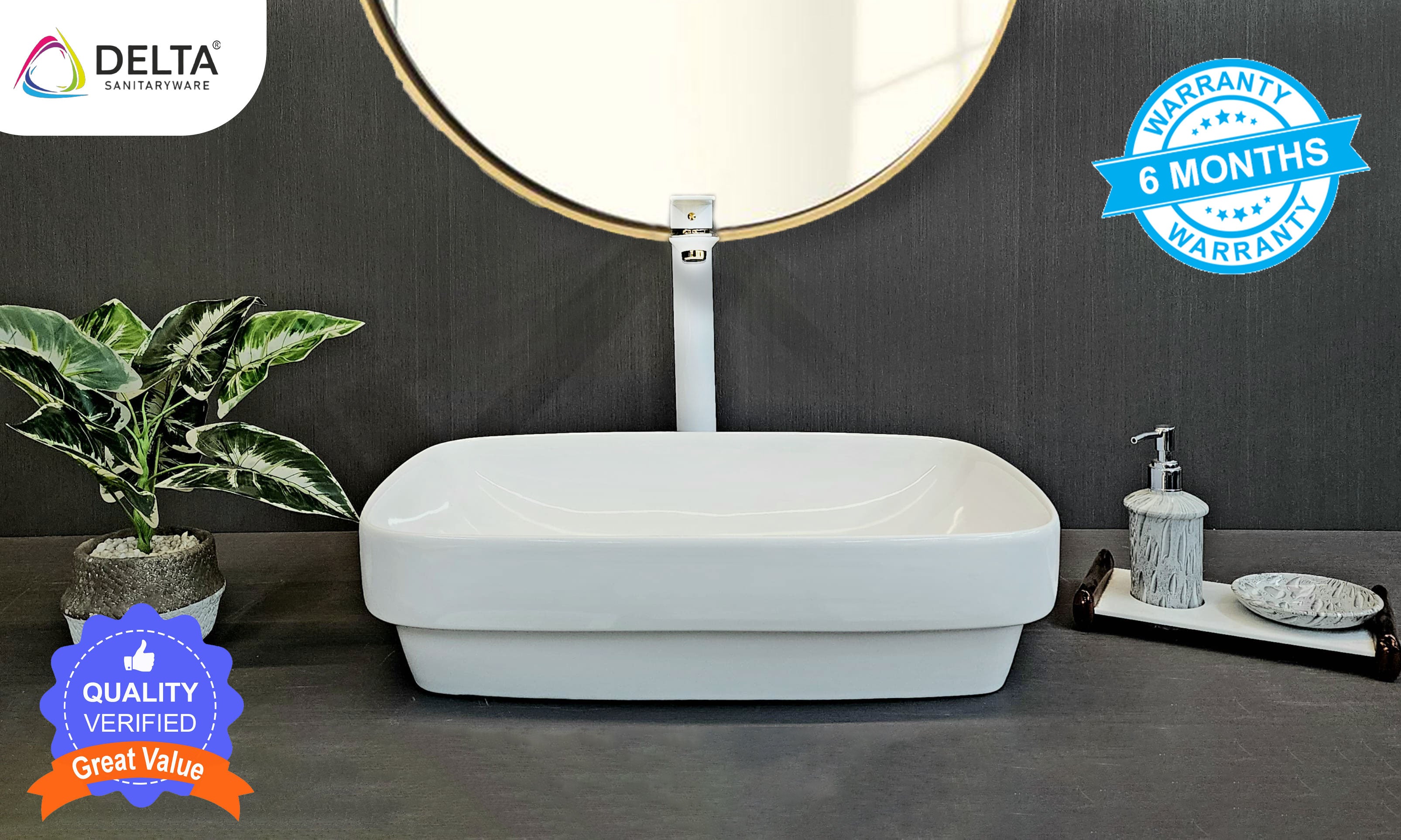 Delta Premium Designer Ceramic Wash Basin(White)with Waste Pipe & Coupling set (21*14*5)(White) Table Top Basin (White)