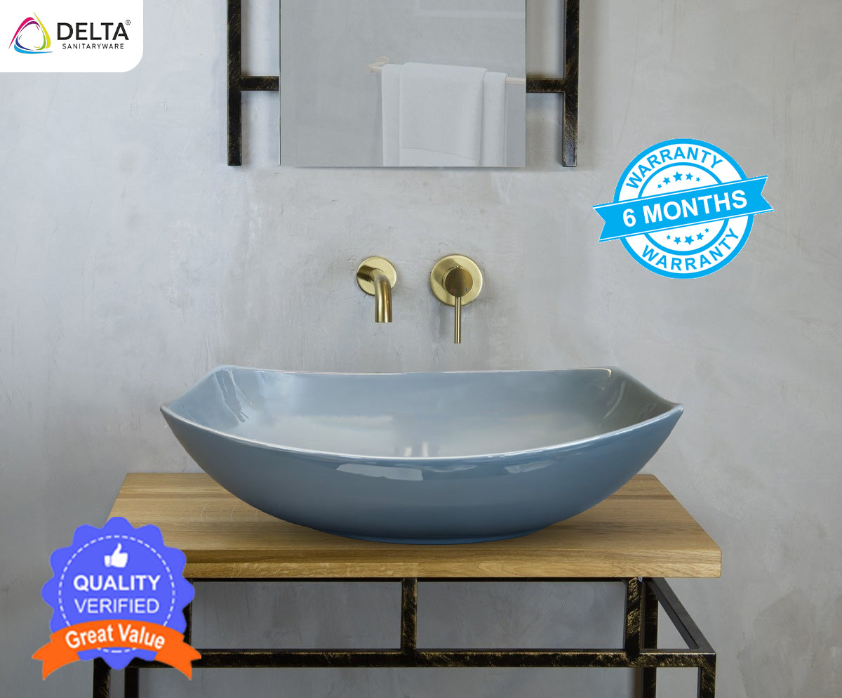 DELTA Table Top Premium Designer Ceramic Wash Basin(Gray Glossy) (22*15*5)(Gray Glossy) Table Top Basin (Multicolor)