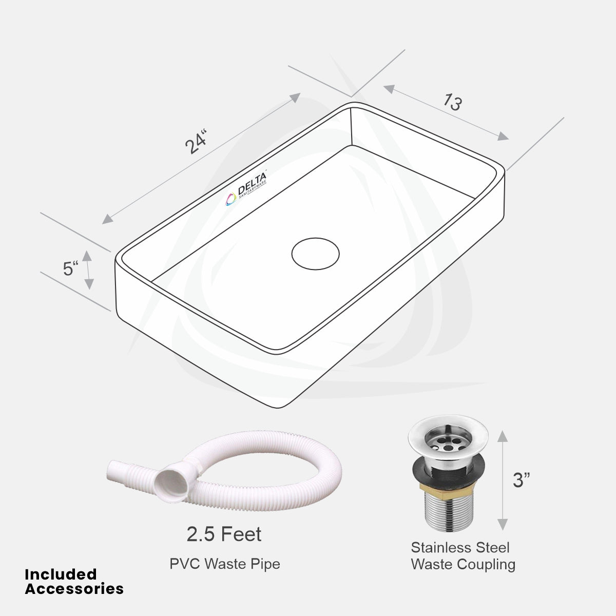 DELTA Big Size Premium Designer Ceramic Wash Basin(M49) with Waste Pipe & Coupling Set (24*13.5*5)(M49) Table Top Basin (White)