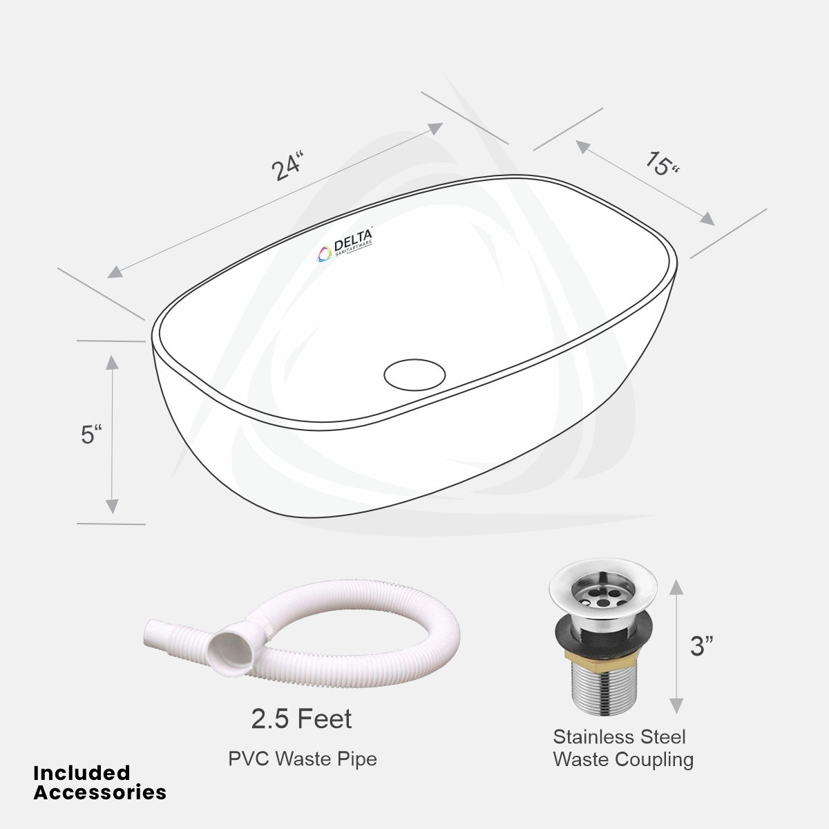 DELTA Big Size Premium Designer Ceramic Wash Basin(09) with Waste Pipe & Coupling set (24*15*5)(M09) Table Top Basin (White)