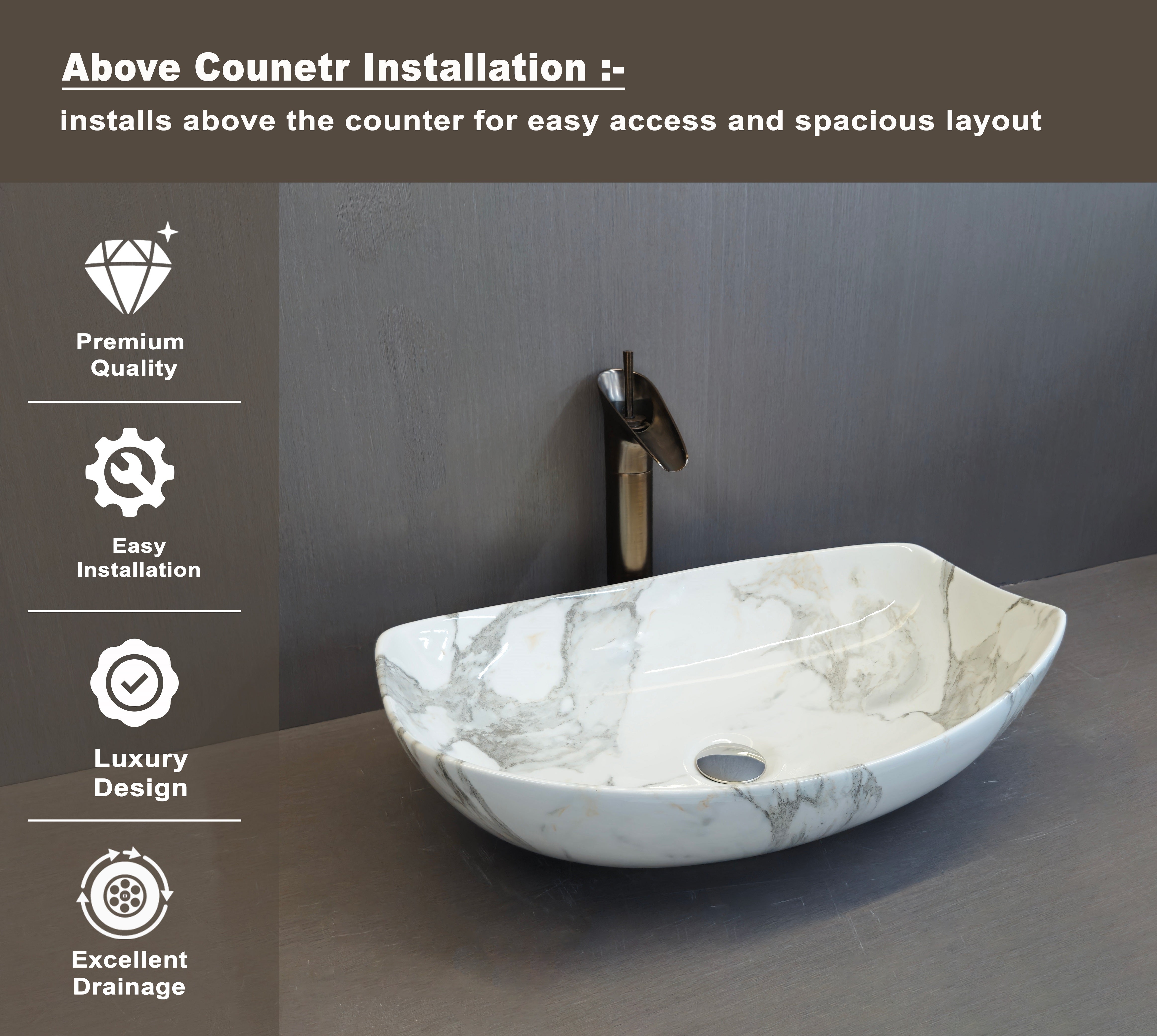 DELTA Table Top Premium Designer Ceramic Wash Basin(M60) (22*15*5)(M60) Table Top Basin (White)
