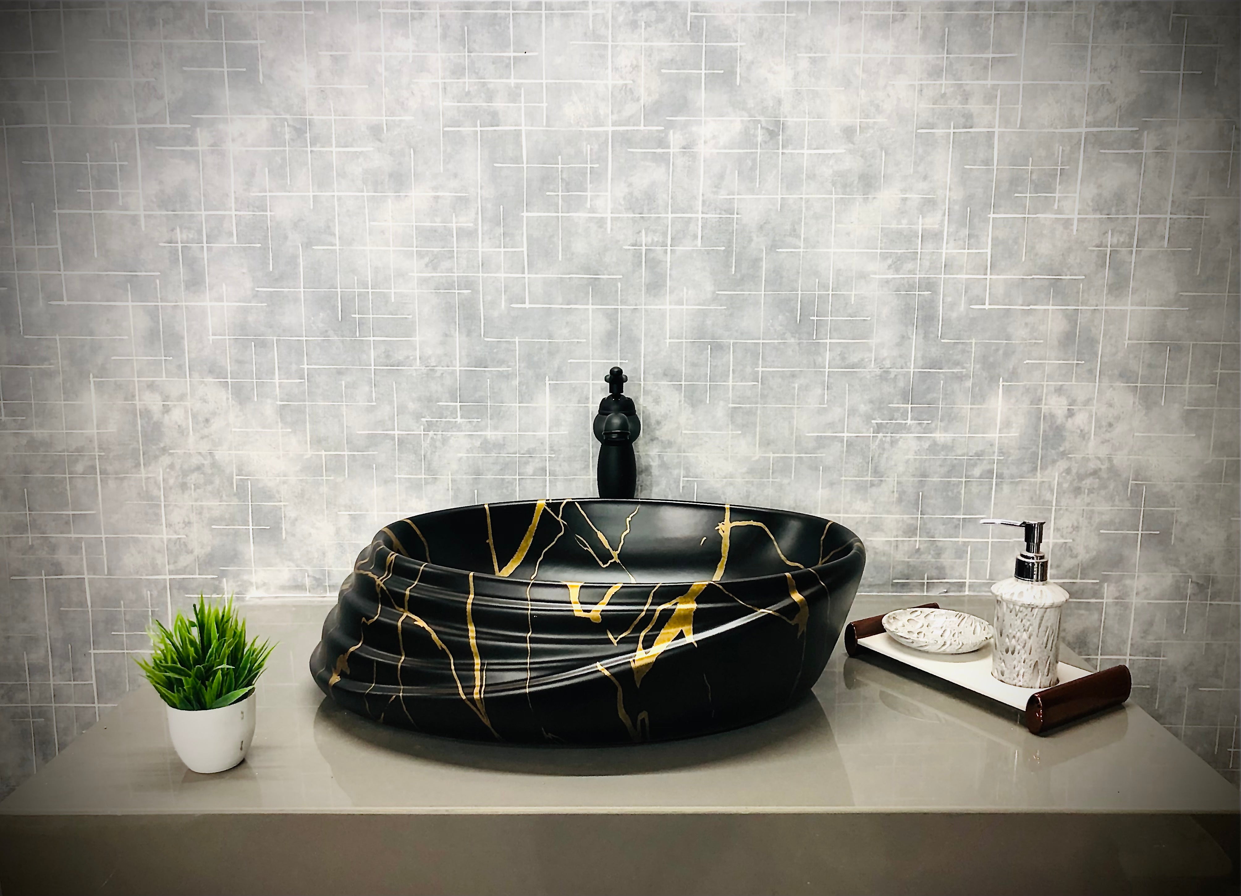 DELTA Premium Designer Ceramic Wash Basin(M53 Matt) with Waste Pipe & Coupling set (20.8x15.2x6)(M53-Matt) Table Top Basin (Black, Gold)