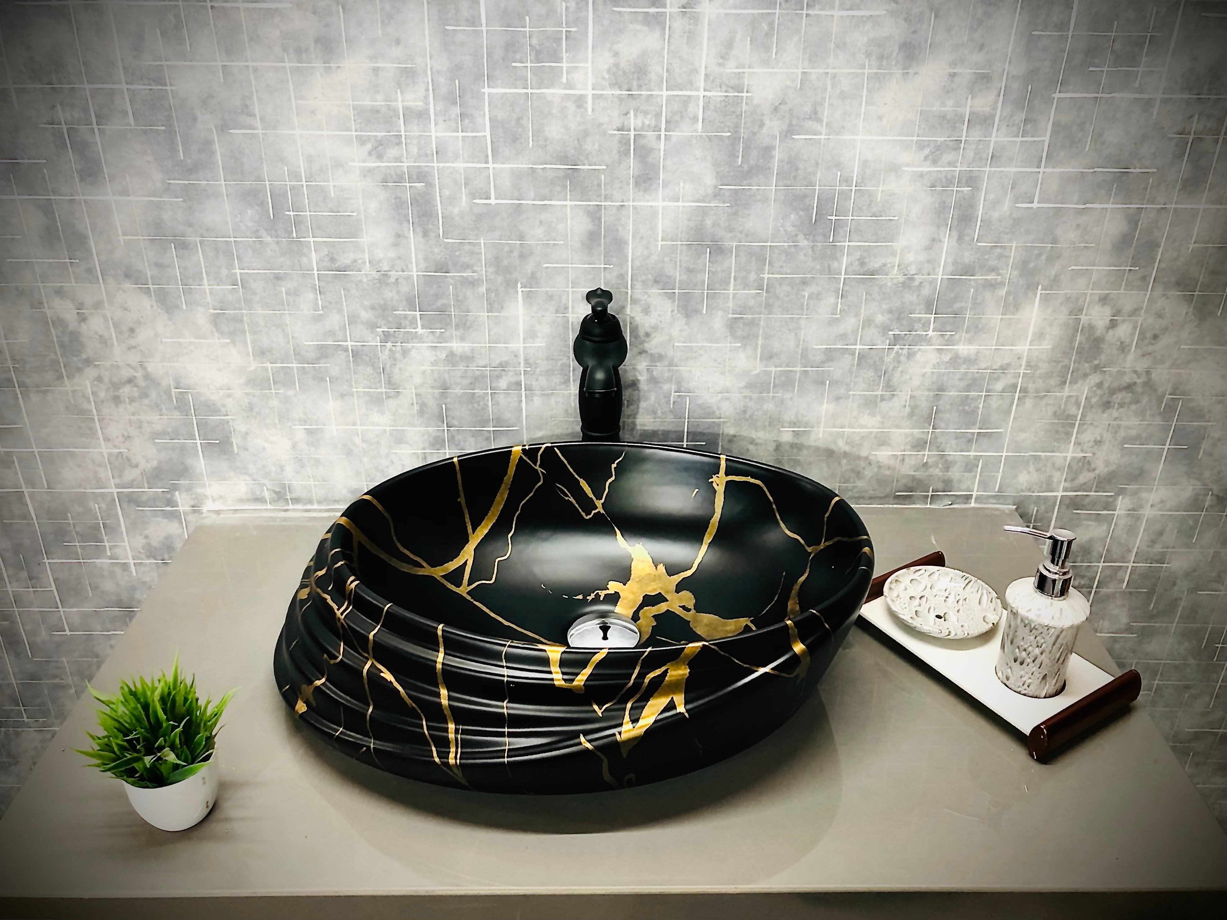 DELTA Premium Designer Ceramic Wash Basin(M53 Matt) with Waste Pipe & Coupling set (20.8x15.2x6)(M53-Matt) Table Top Basin (Black, Gold)