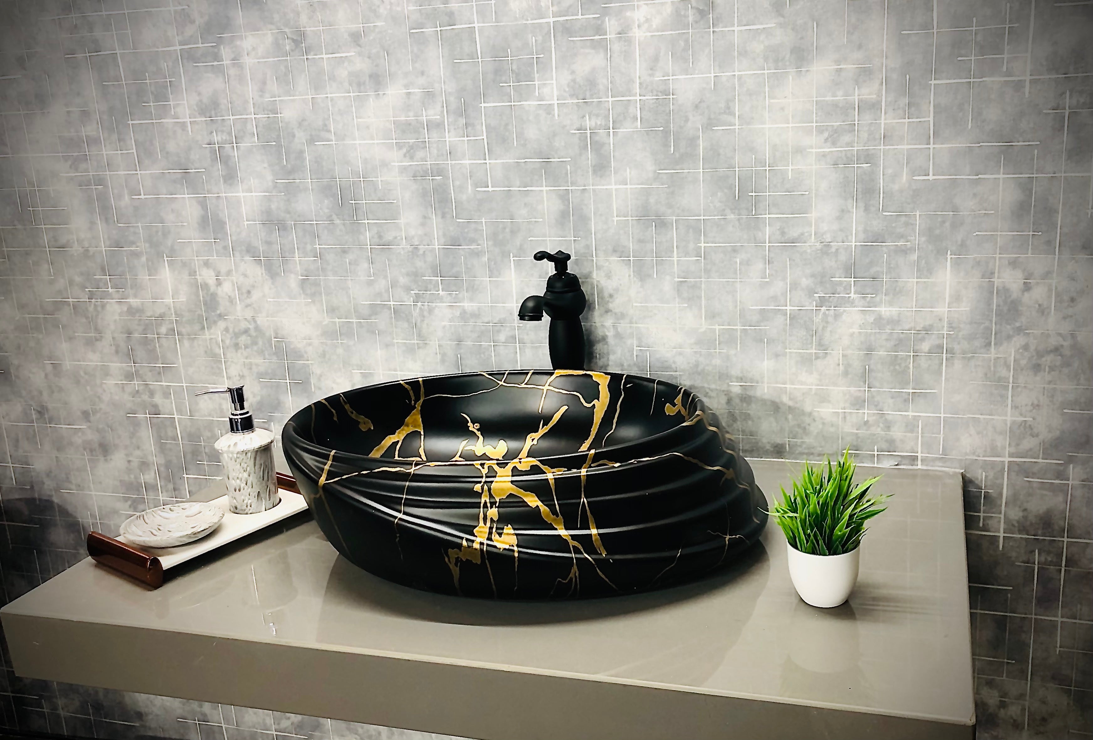 DELTA Premium Designer Ceramic Wash Basin(M53 Matt) with Waste Pipe & Coupling set (20.8x15.2x6)(M53-Matt) Table Top Basin (Black, Gold)