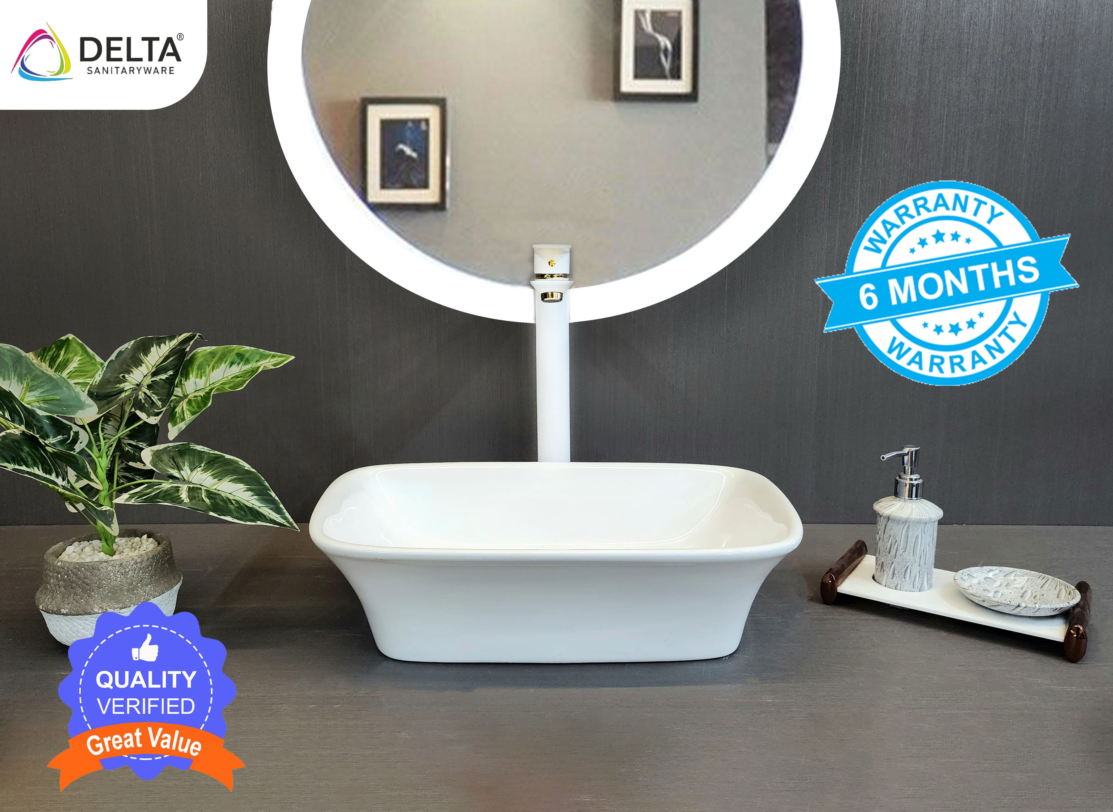 Delta Premium Designer Ceramic Wash Basin(White)with Waste Pipe & Coupling set (12*19*5)(White) Table Top Basin (White)