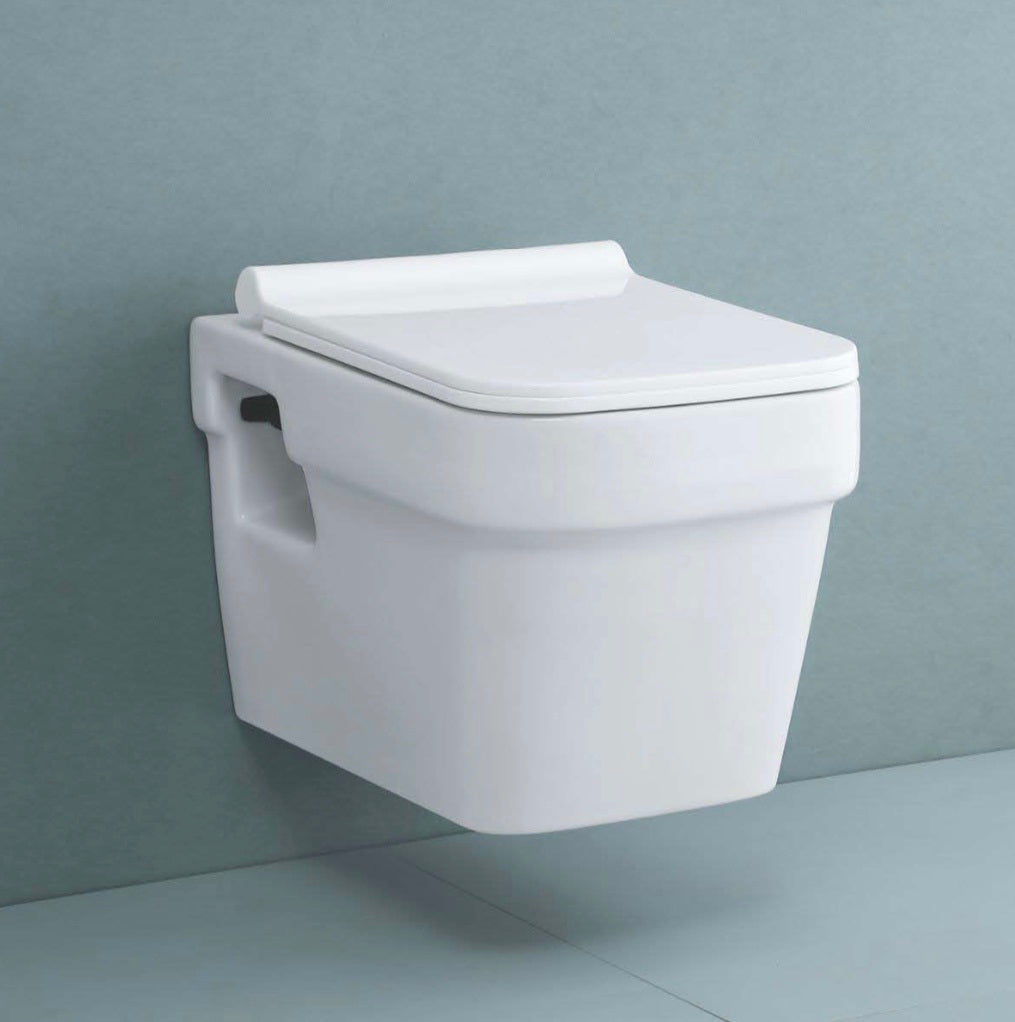 Delta Premium Grade Ceramic Wall Mounted European Water Closet Premium Grade Western Toilet Commode/P Trap with Soft Close Slim Seat Cover Western Commode (White)