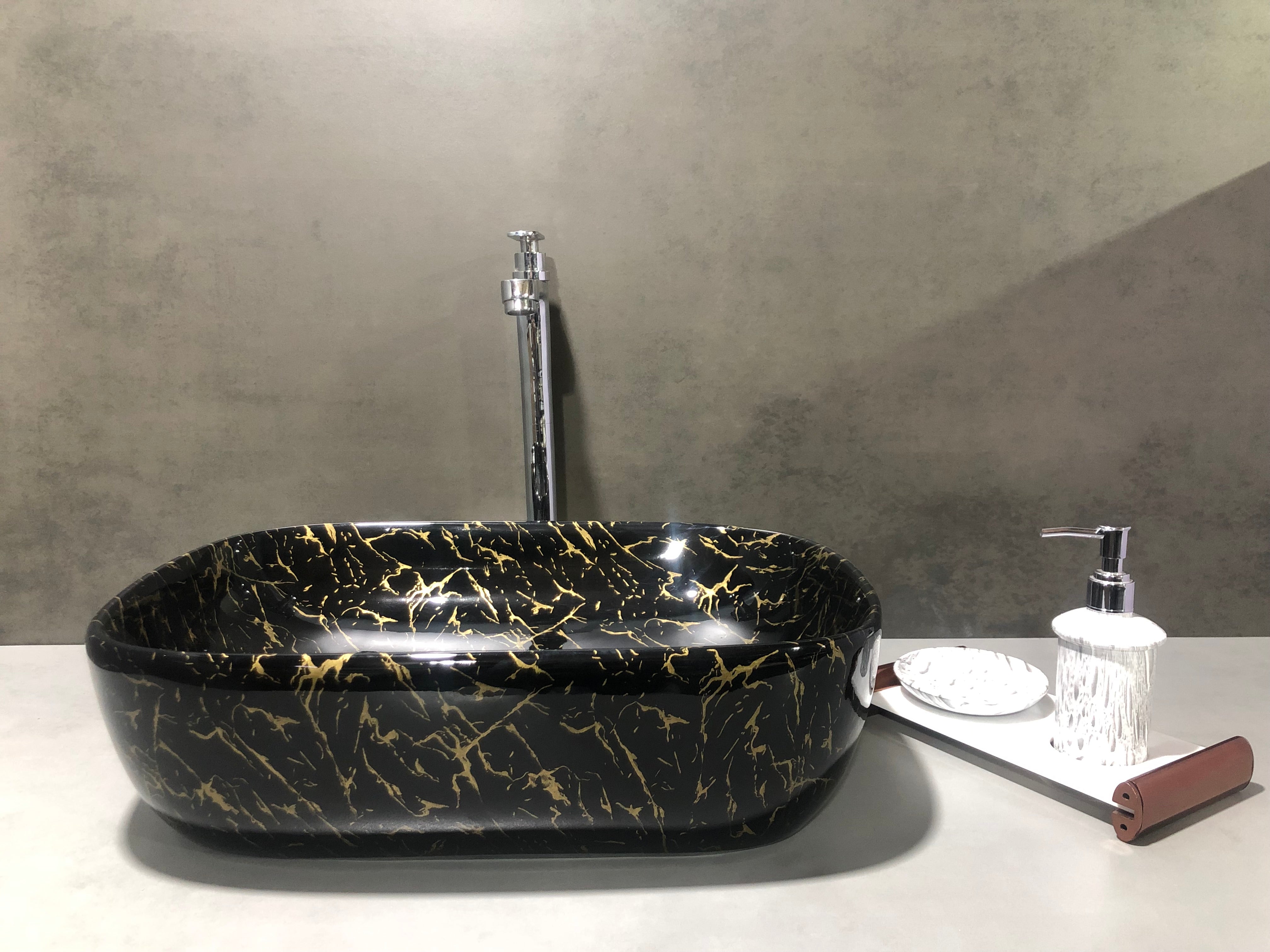 DELTA Table Top Premium Designer Ceramic Wash Basin(27)with Waste Pipe & Coupling set Designer Table Top Basin (Black & Golden)