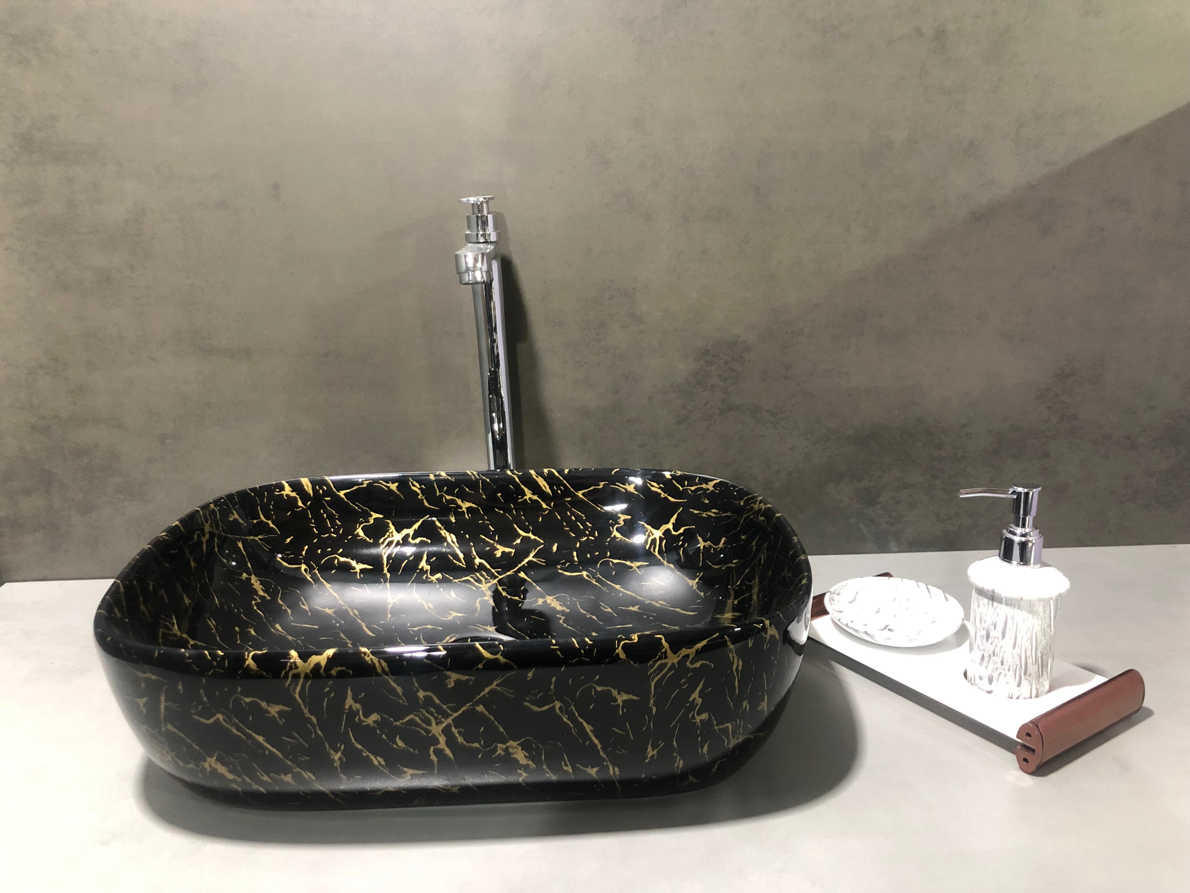 DELTA Table Top Premium Designer Ceramic Wash Basin(27)with Waste Pipe & Coupling set Designer Table Top Basin (Black & Golden)