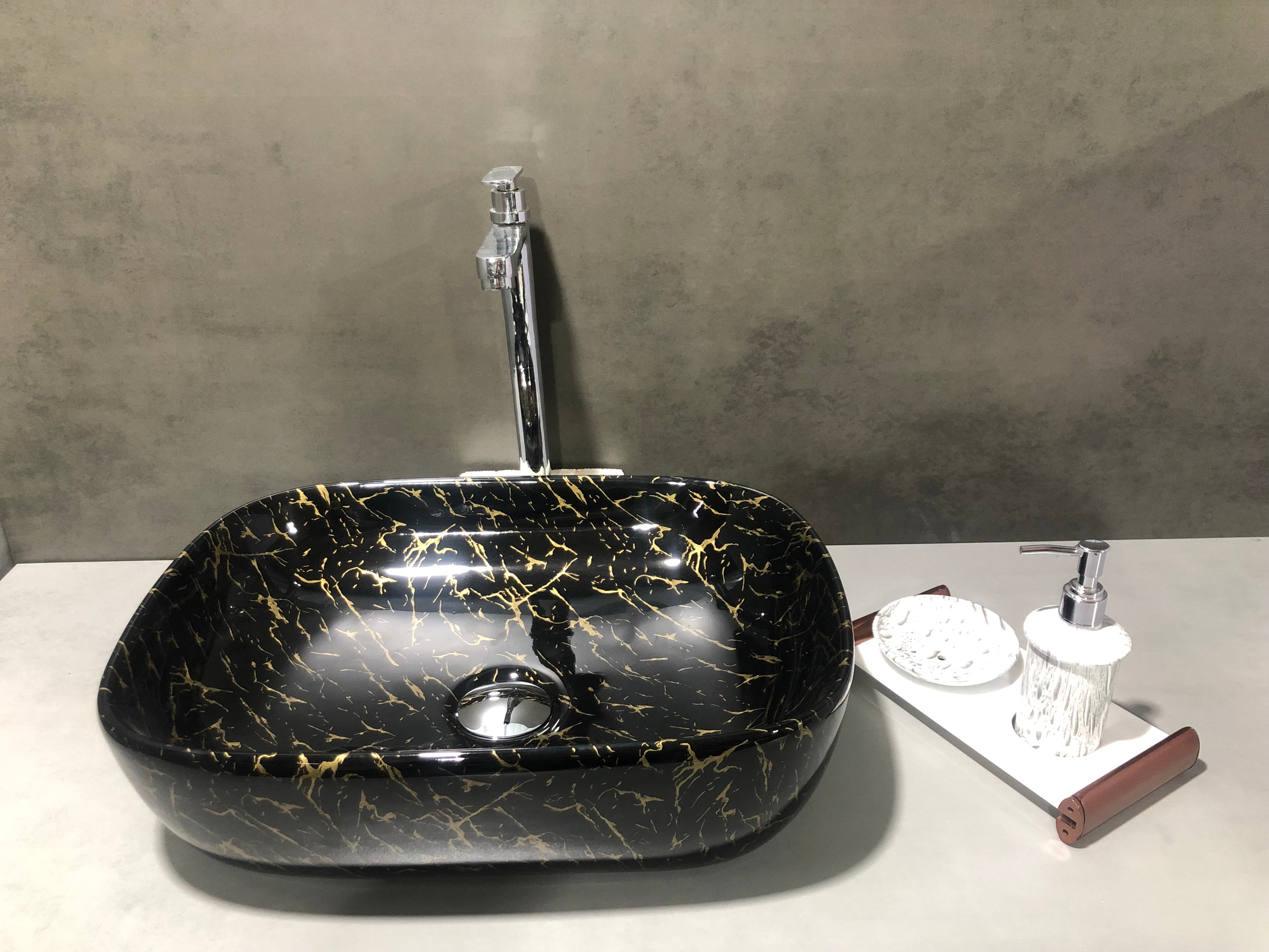 DELTA Table Top Premium Designer Ceramic Wash Basin(27)with Waste Pipe & Coupling set Designer Table Top Basin (Black & Golden)