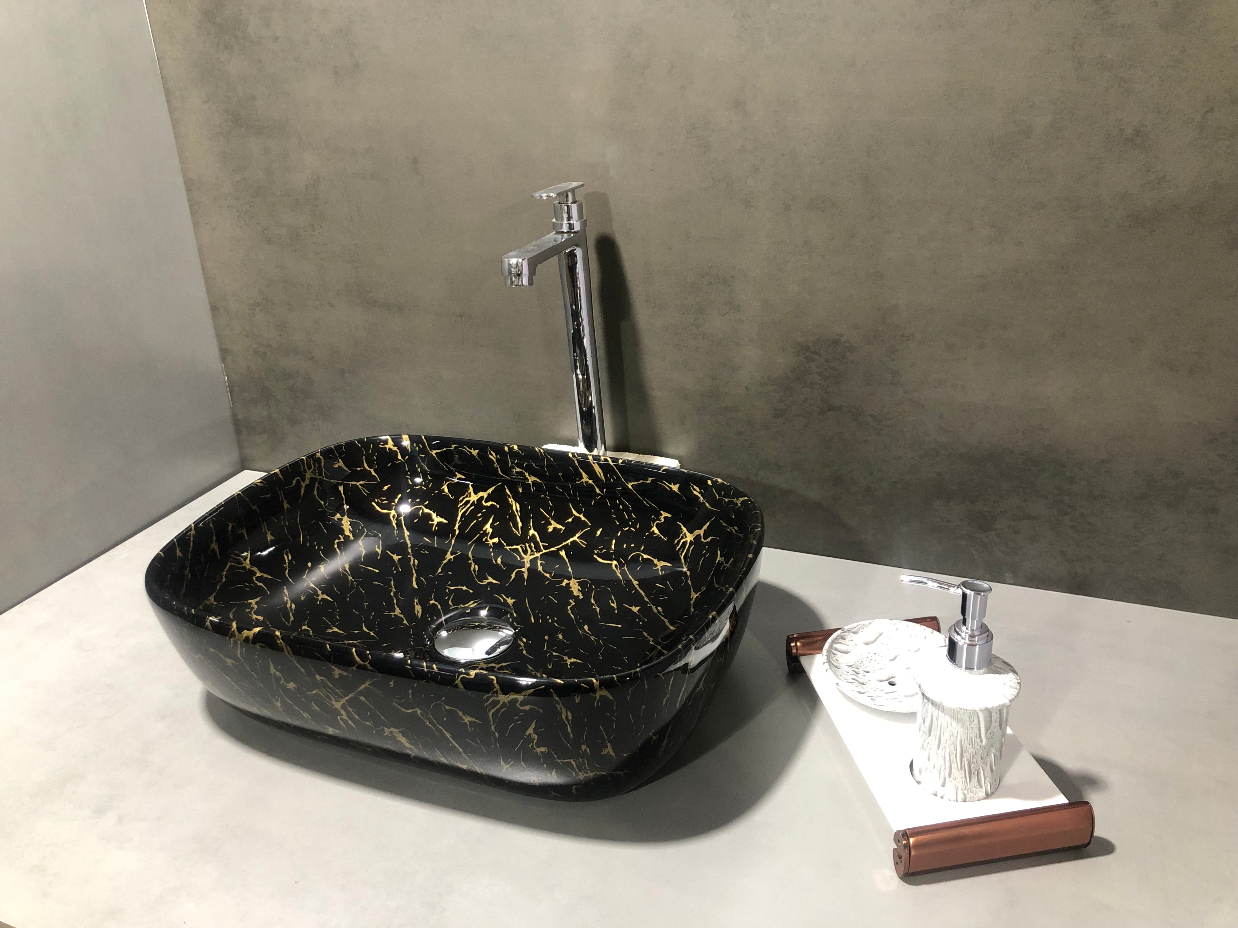 DELTA Table Top Premium Designer Ceramic Wash Basin(27)with Waste Pipe & Coupling set Designer Table Top Basin (Black & Golden)