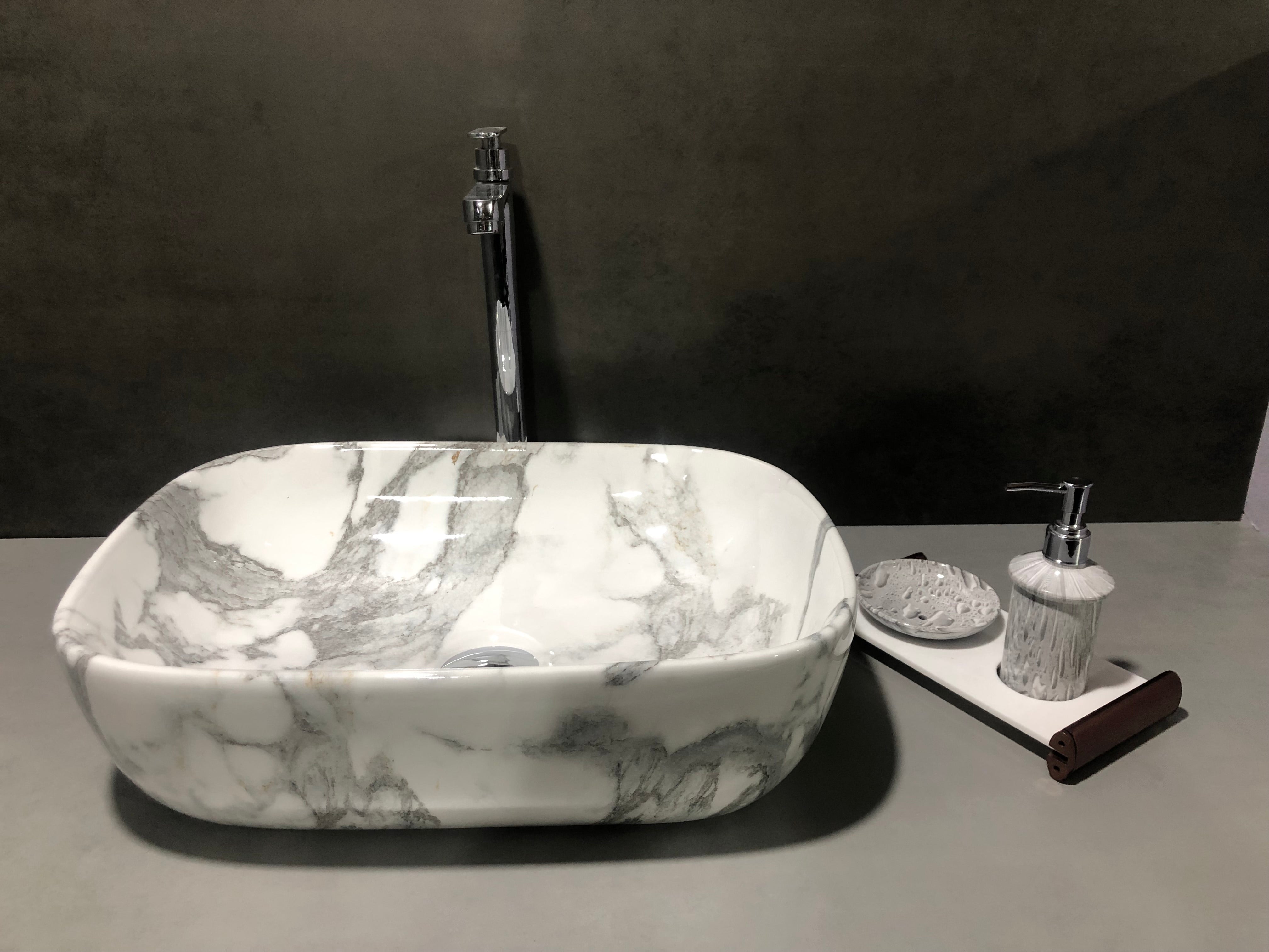 DELTA Premium Marble Designer Ceramic Wash Basin(M60) with Waste Pipe & Coupling set (18x13x5)(0060) Table Top Basin (Black)