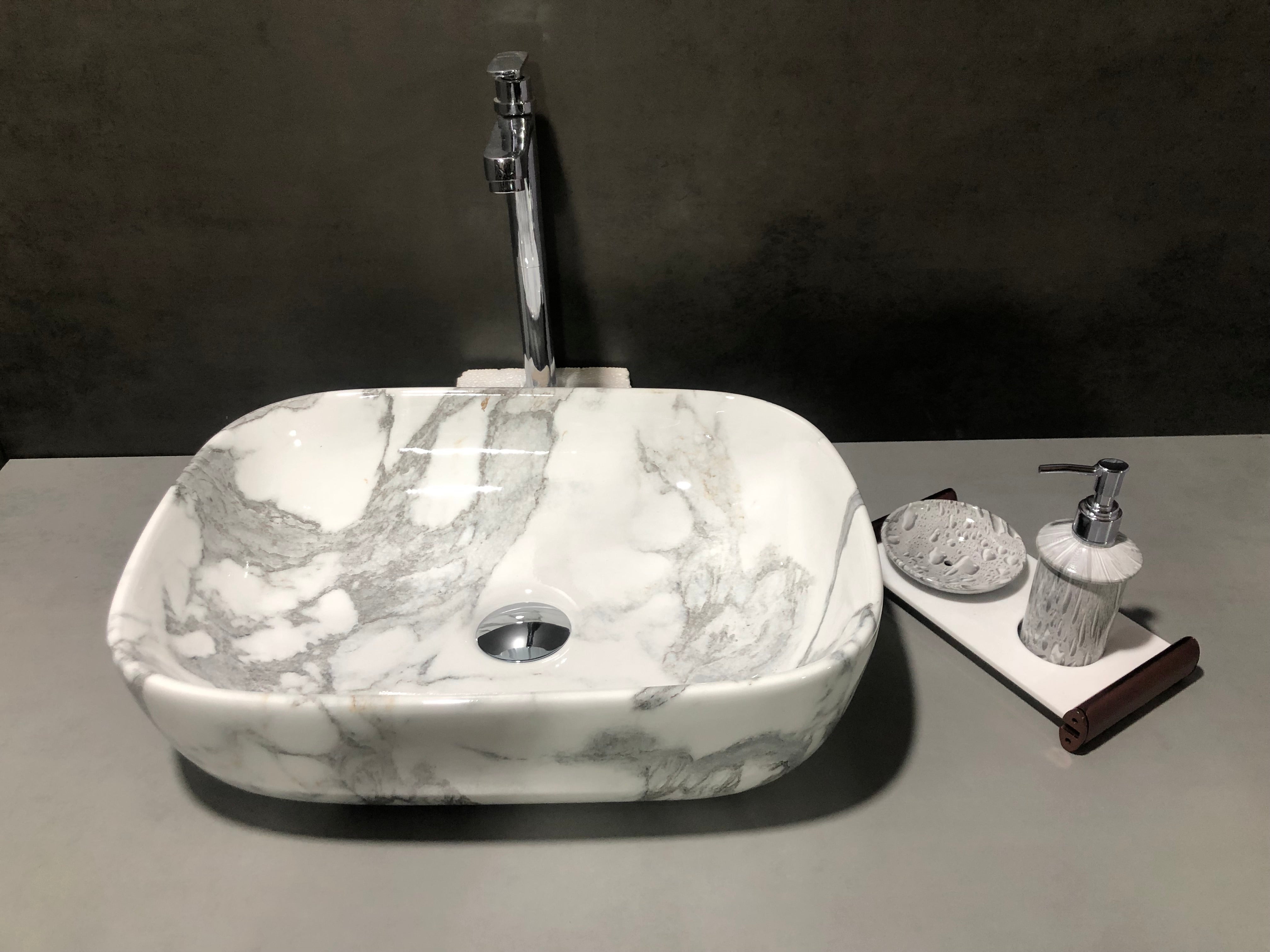 DELTA Premium Marble Designer Ceramic Wash Basin(M60) with Waste Pipe & Coupling set (18x13x5)(0060) Table Top Basin (Black)