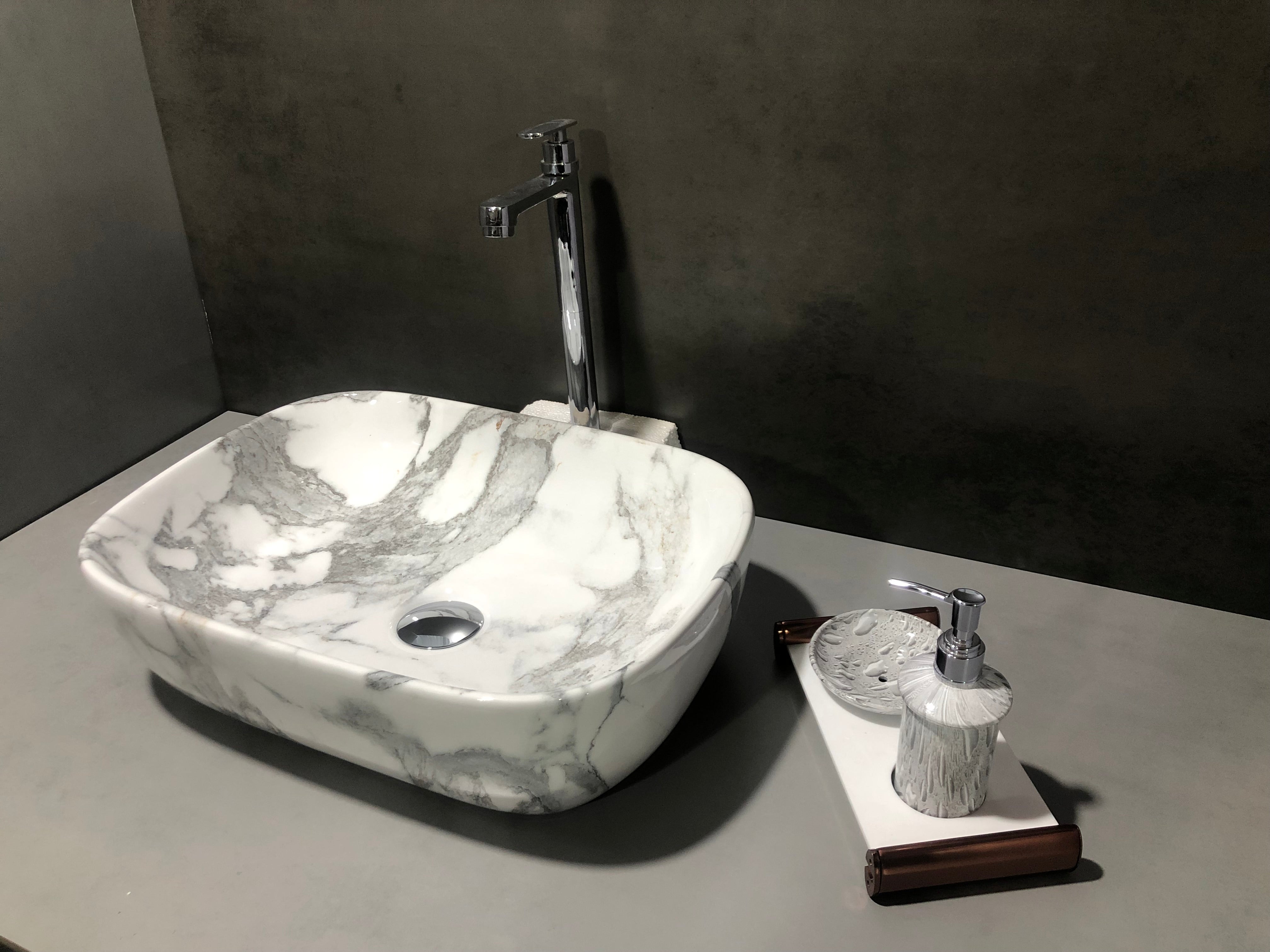 DELTA Premium Marble Designer Ceramic Wash Basin(M60) with Waste Pipe & Coupling set (18x13x5)(0060) Table Top Basin (Black)