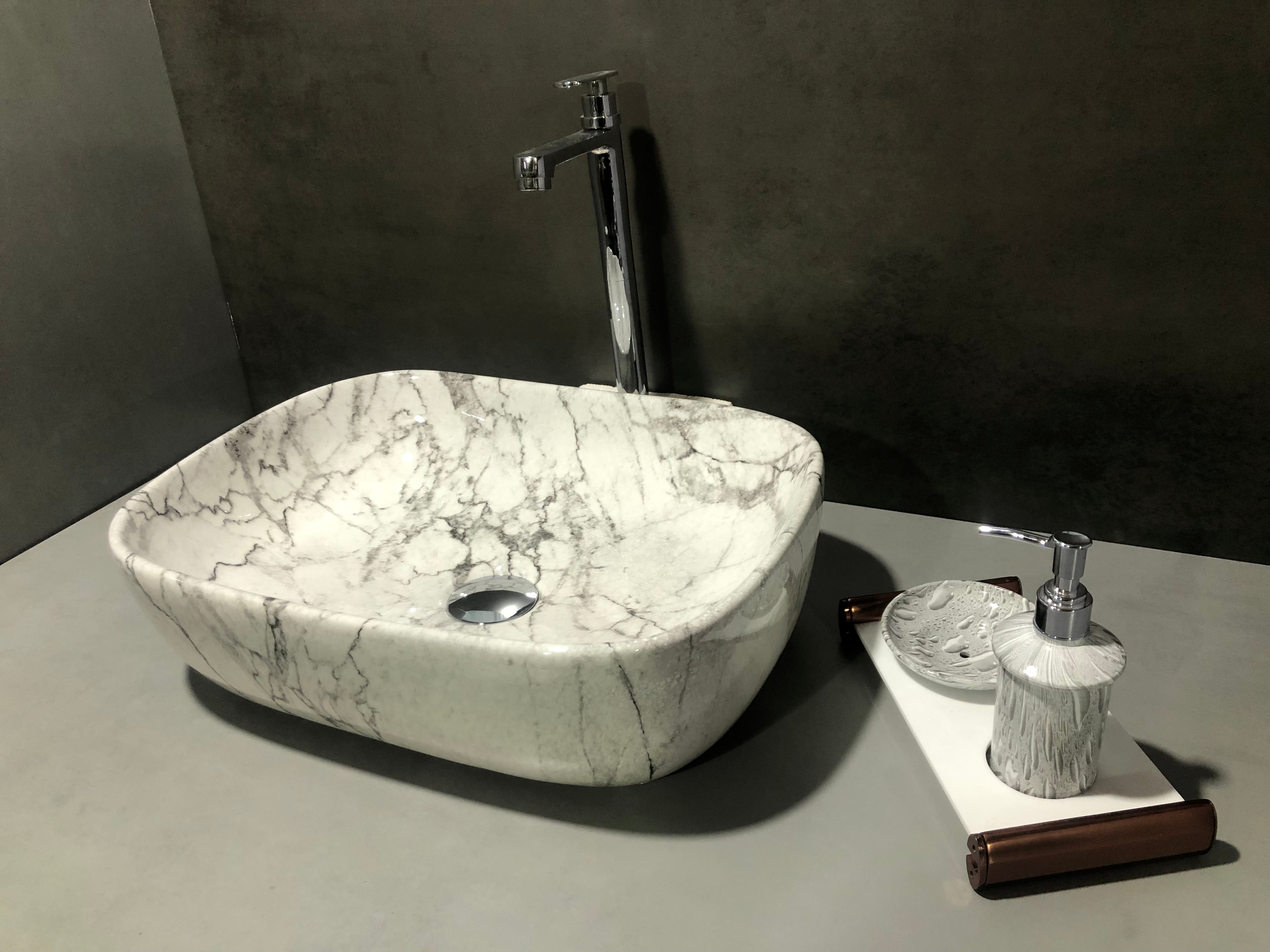 DELTA Premium Marble Designer Ceramic Wash Basin with Waste Pipe & Coupling set (18x13x5) Table Top Basin (White)