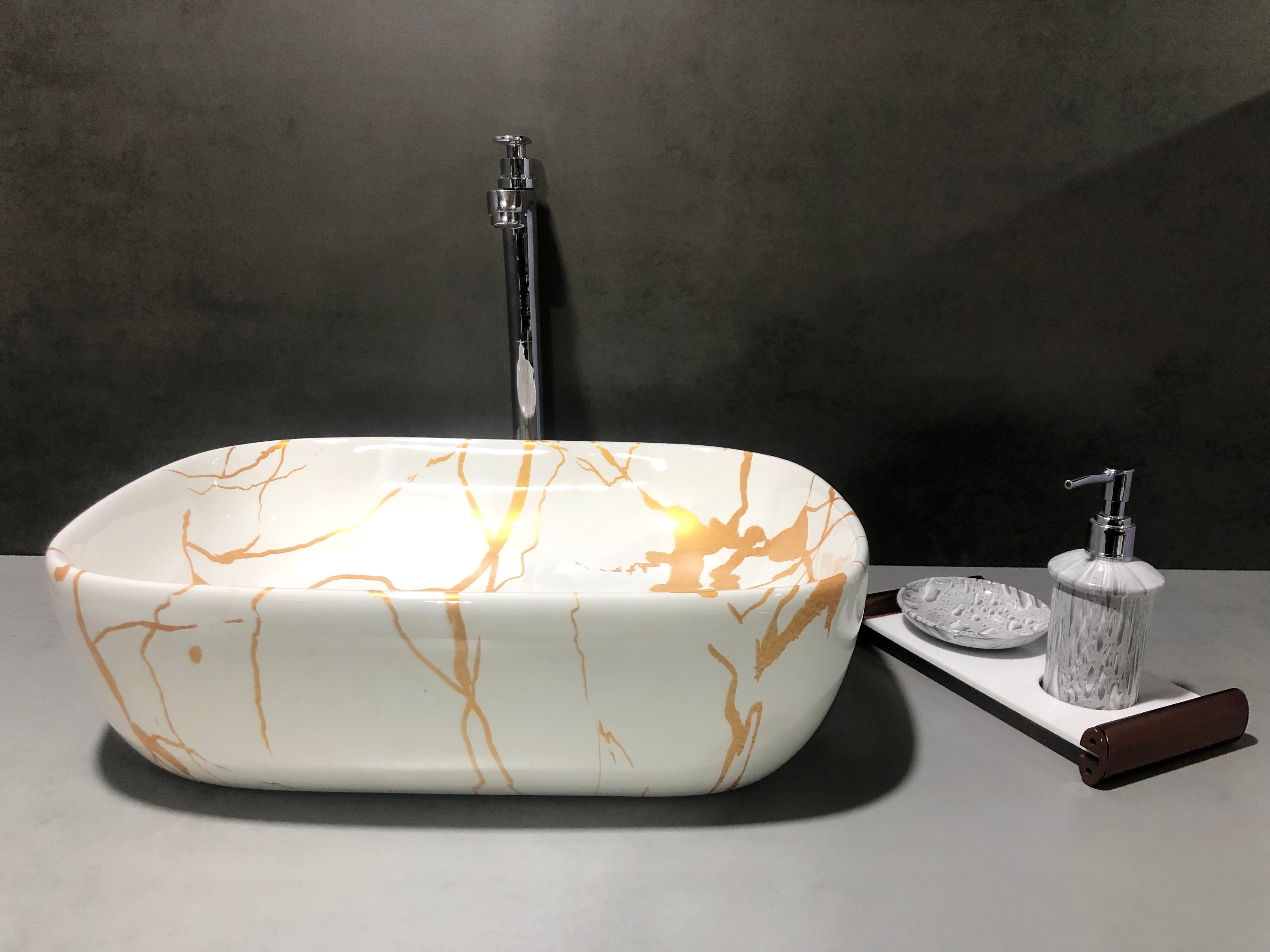 DELTA Premium Ceramic washbasin with Waste Pipe & Coupling set RJ_M51 Designer Wash Basin for Home,Kitchen,Restaurant and Hotel Table Top Basin (White & Golden)