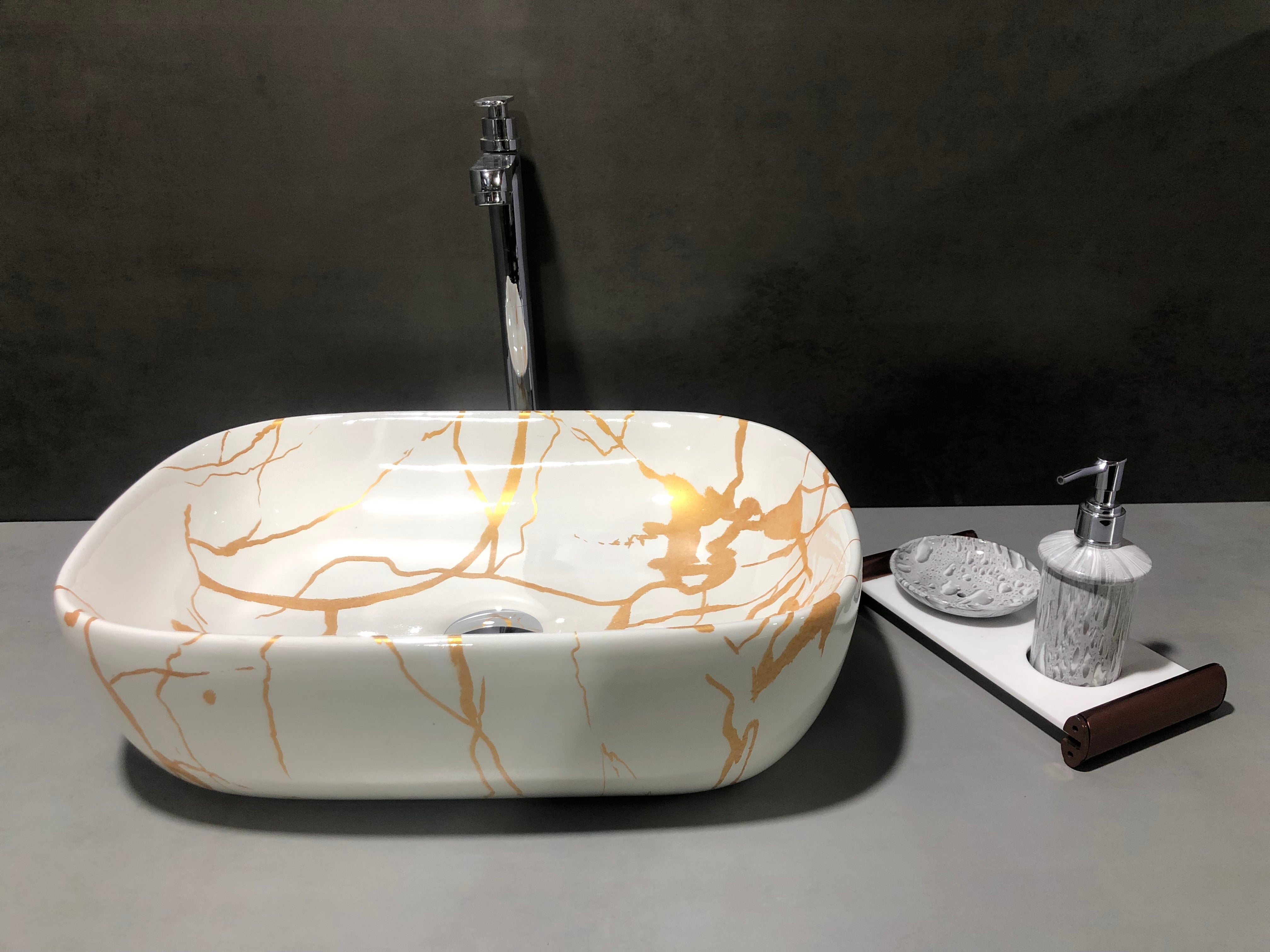 DELTA Premium Ceramic washbasin with Waste Pipe & Coupling set RJ_M51 Designer Wash Basin for Home,Kitchen,Restaurant and Hotel Table Top Basin (White & Golden)