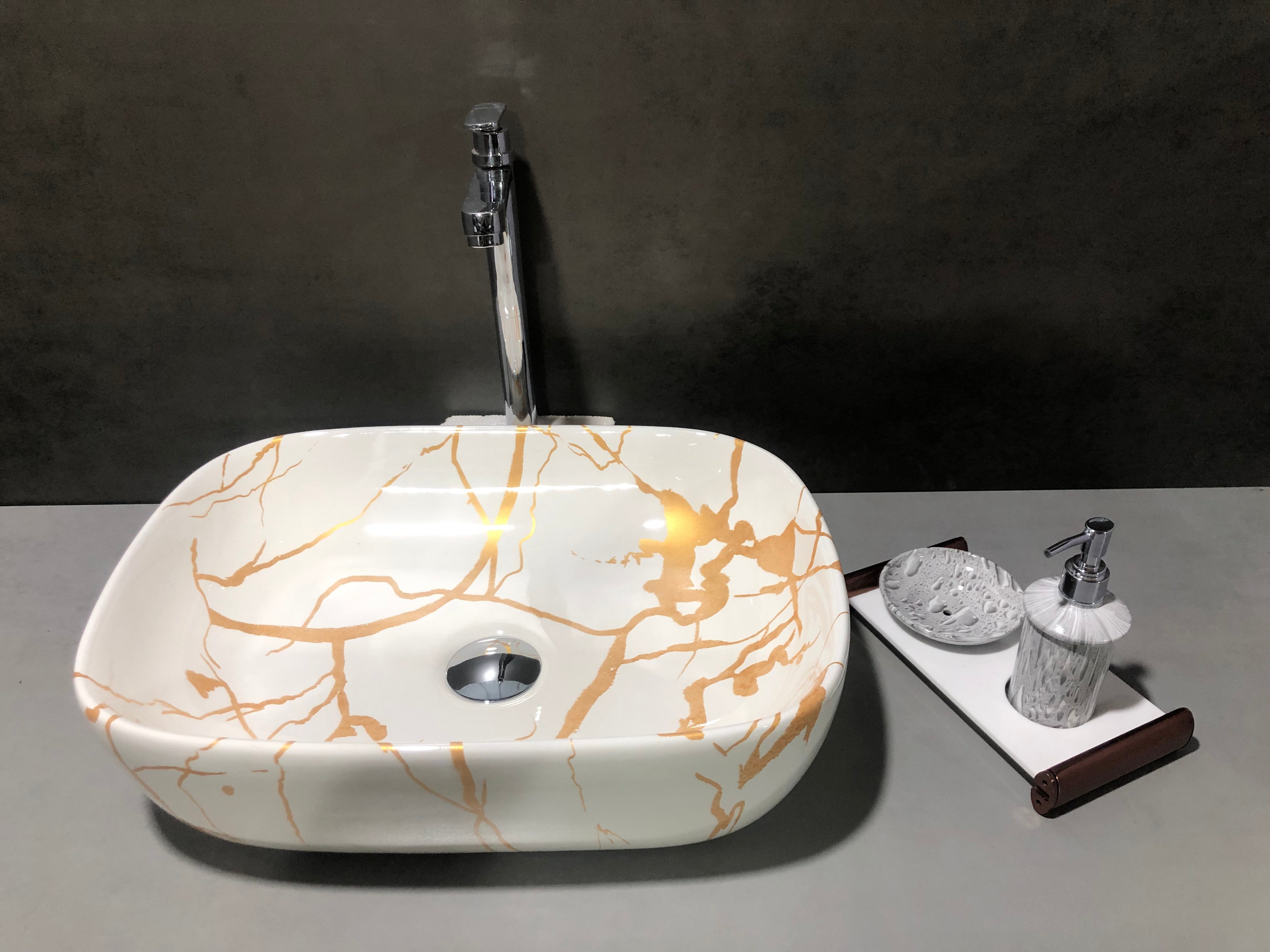 DELTA Premium Ceramic washbasin with Waste Pipe & Coupling set RJ_M51 Designer Wash Basin for Home,Kitchen,Restaurant and Hotel Table Top Basin (White & Golden)