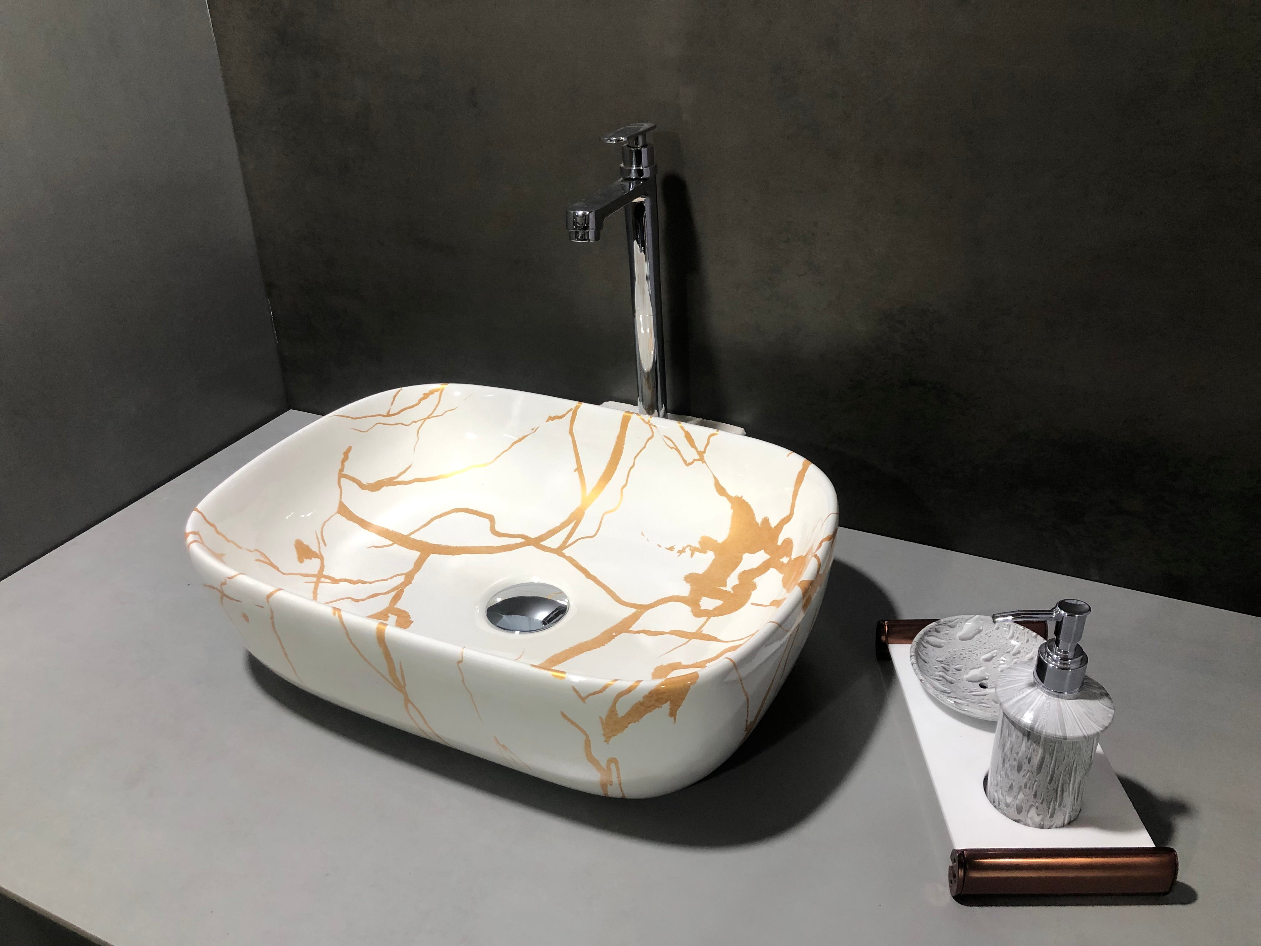 DELTA Premium Ceramic washbasin with Waste Pipe & Coupling set RJ_M51 Designer Wash Basin for Home,Kitchen,Restaurant and Hotel Table Top Basin (White & Golden)
