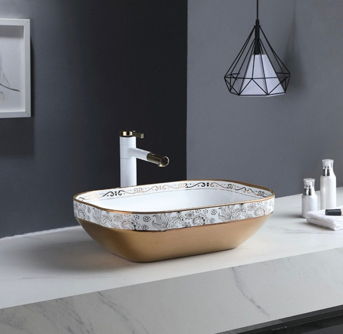 Delta Imported Ceramic Wash Basin(Golden Design)with Waste Pipe & Coupling set (20.2*14.4*5)(M22) Table Top Basin (Gold, White)