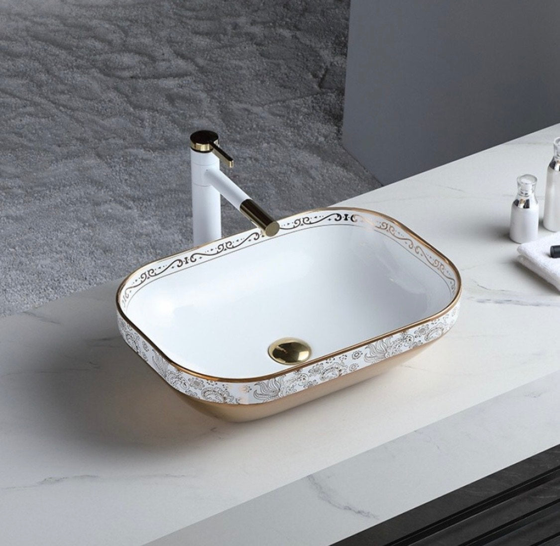 Delta Imported Ceramic Wash Basin(Golden Design)with Waste Pipe & Coupling set (20.2*14.4*5)(M22) Table Top Basin (Gold, White)