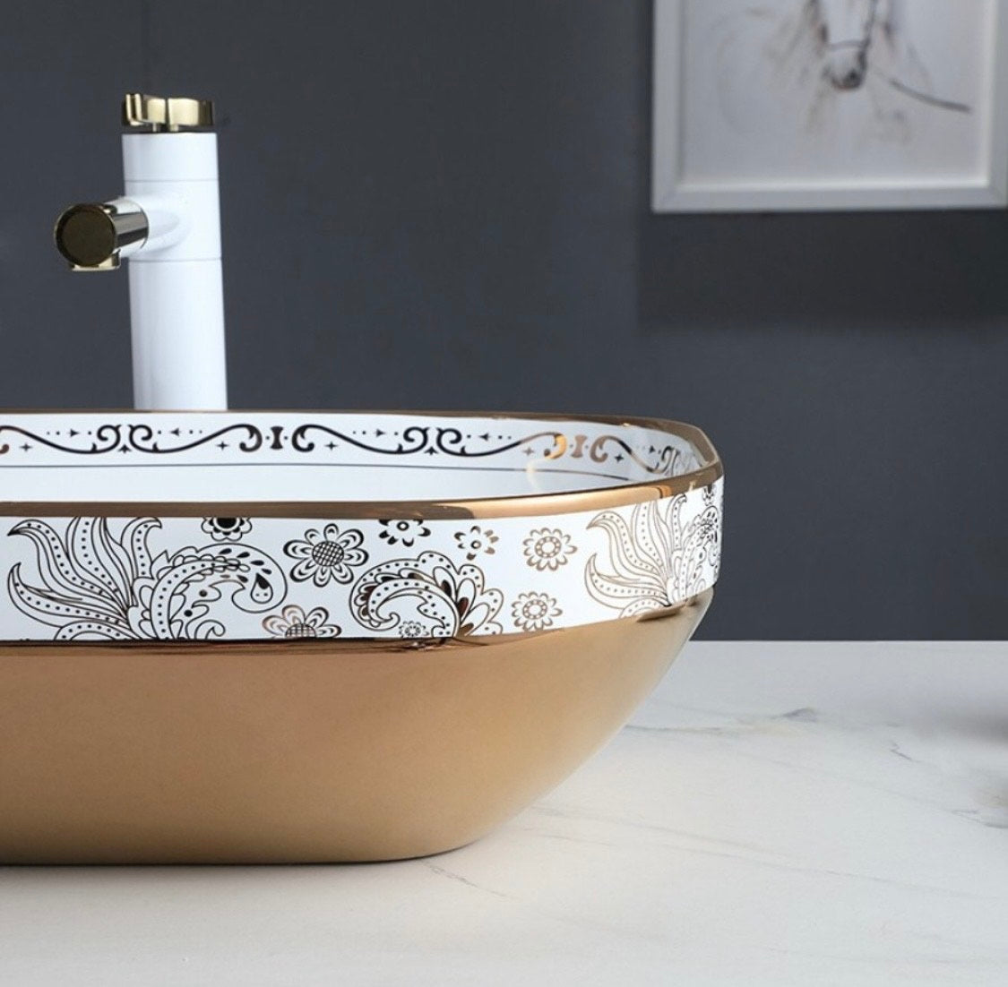 Delta Imported Ceramic Wash Basin(Golden Design)with Waste Pipe & Coupling set (20.2*14.4*5)(M22) Table Top Basin (Gold, White)