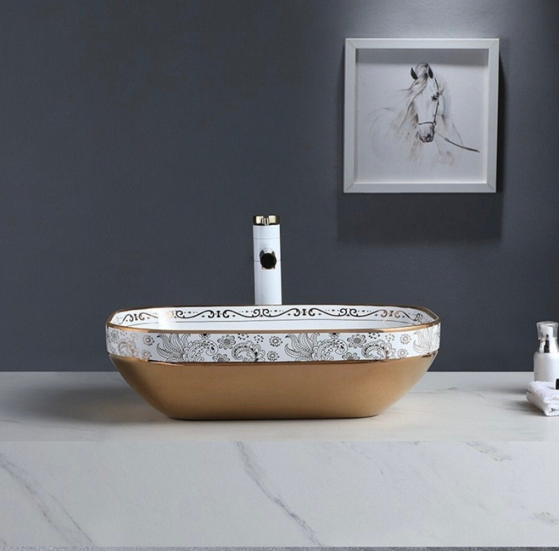 Delta Imported Ceramic Wash Basin(Golden Design)with Waste Pipe & Coupling set (20.2*14.4*5)(M22) Table Top Basin (Gold, White)
