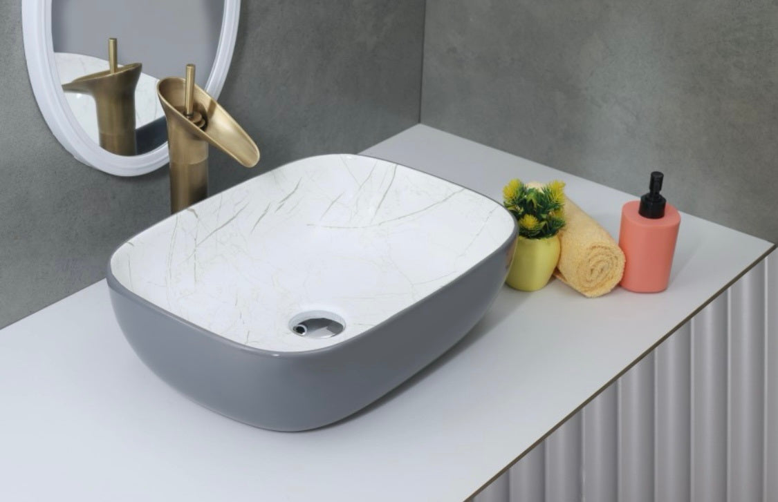 DELTA Premium Designer Ceramic Wash Basin(Glossy) with Waste Pipe & Coupling set (1002 & Gray)(18*13*5) Table Top Basin (Black)