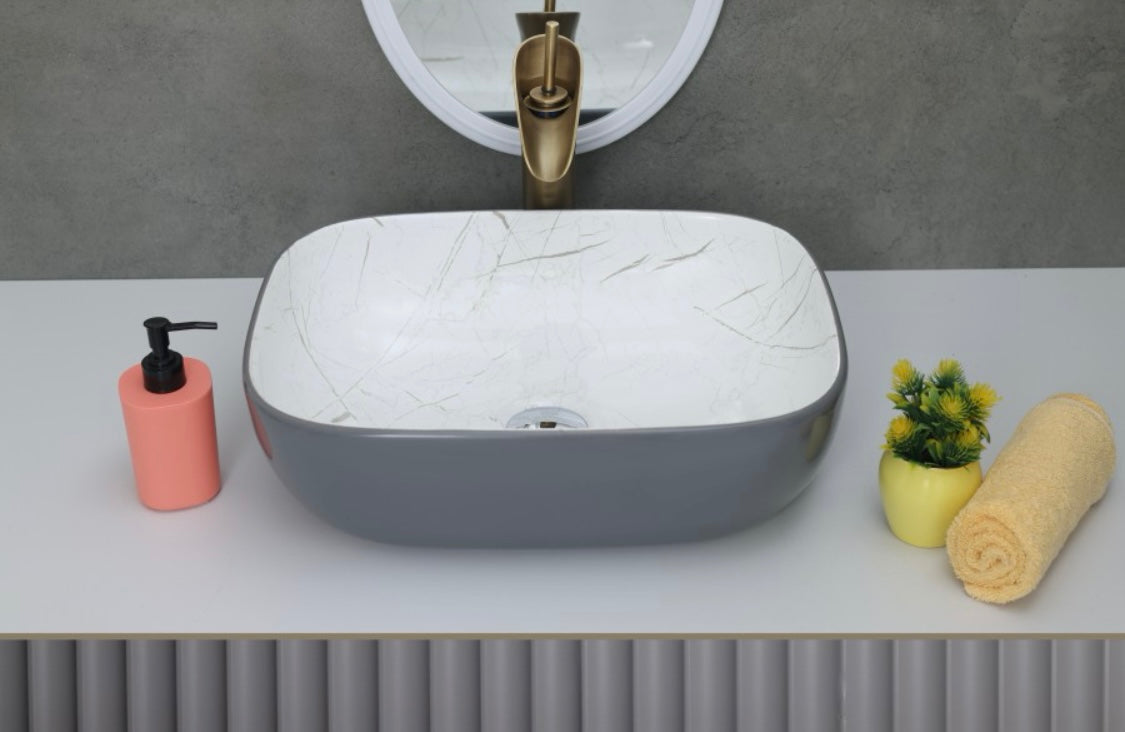 DELTA Premium Designer Ceramic Wash Basin(Glossy) with Waste Pipe & Coupling set (1002 & Gray)(18*13*5) Table Top Basin (Black)