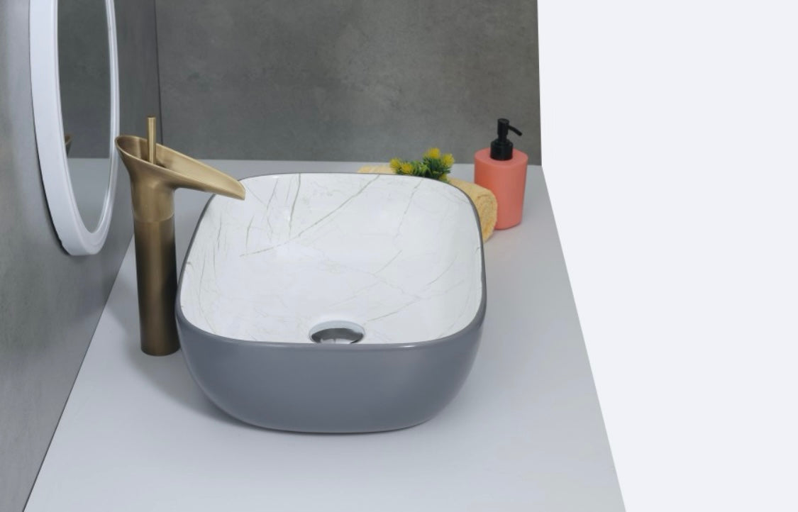 DELTA Premium Designer Ceramic Wash Basin(Glossy) with Waste Pipe & Coupling set (1002 & Gray)(18*13*5) Table Top Basin (Black)