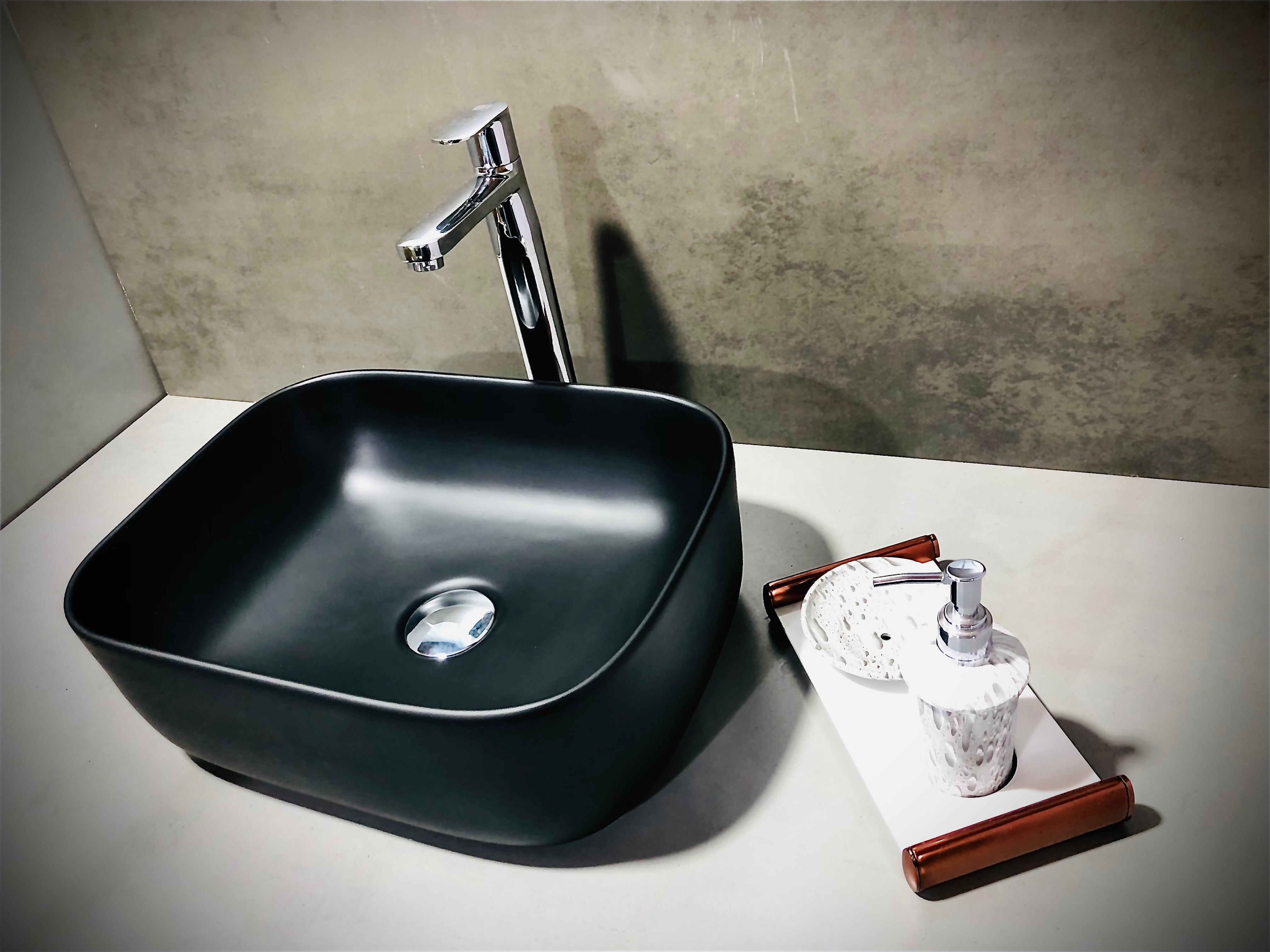 Delta Table Top Premium Designer Ceramic Wash Basin(Black Matt) (16*12*5)(Black Matt) Table Top Basin (Black)