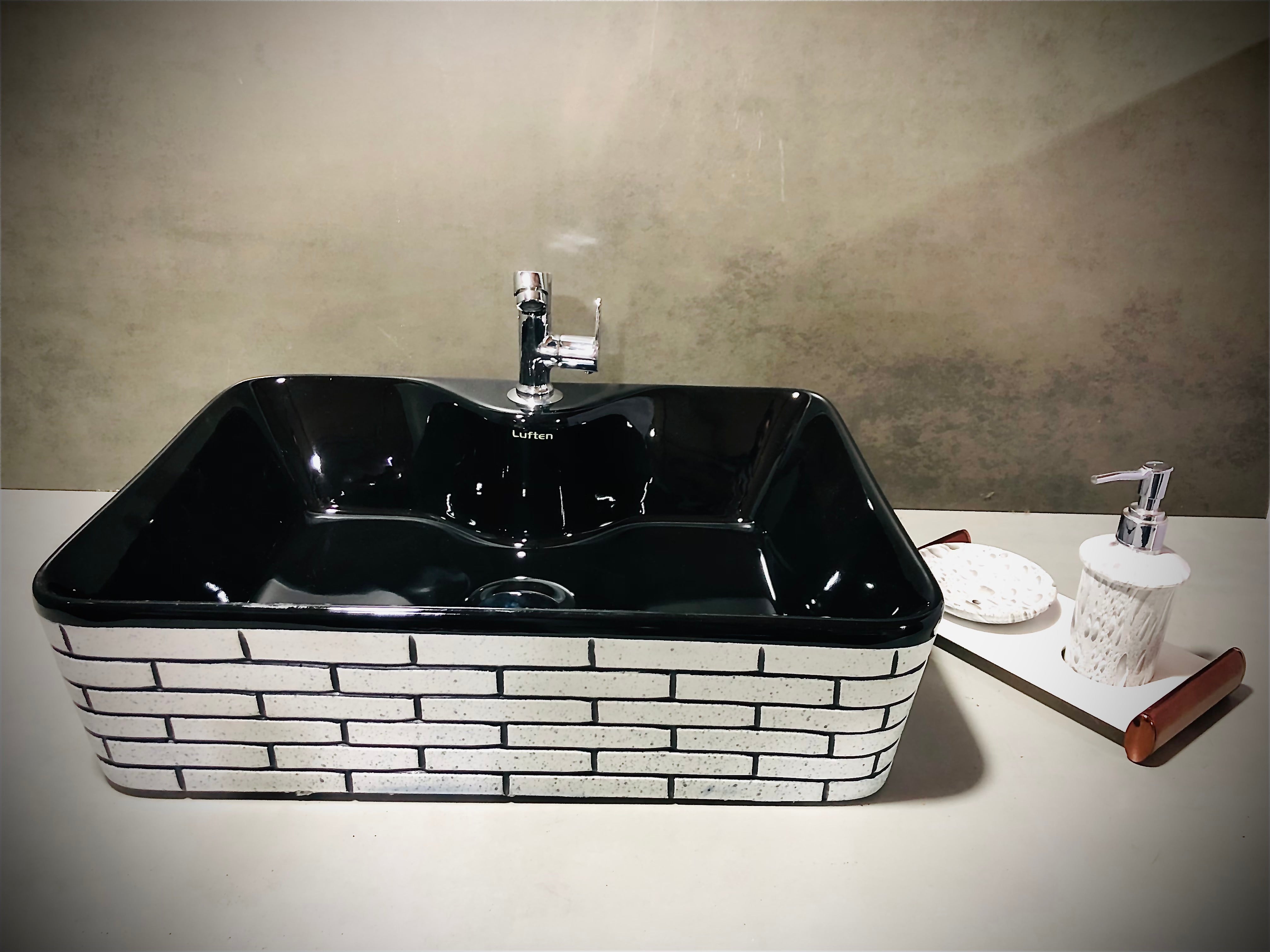 DELTA Designer Structure Based Ceramic Wash Basin with Waste Pipe & Coupling set (19*15*5)(Structure) Table Top Basin (Black)