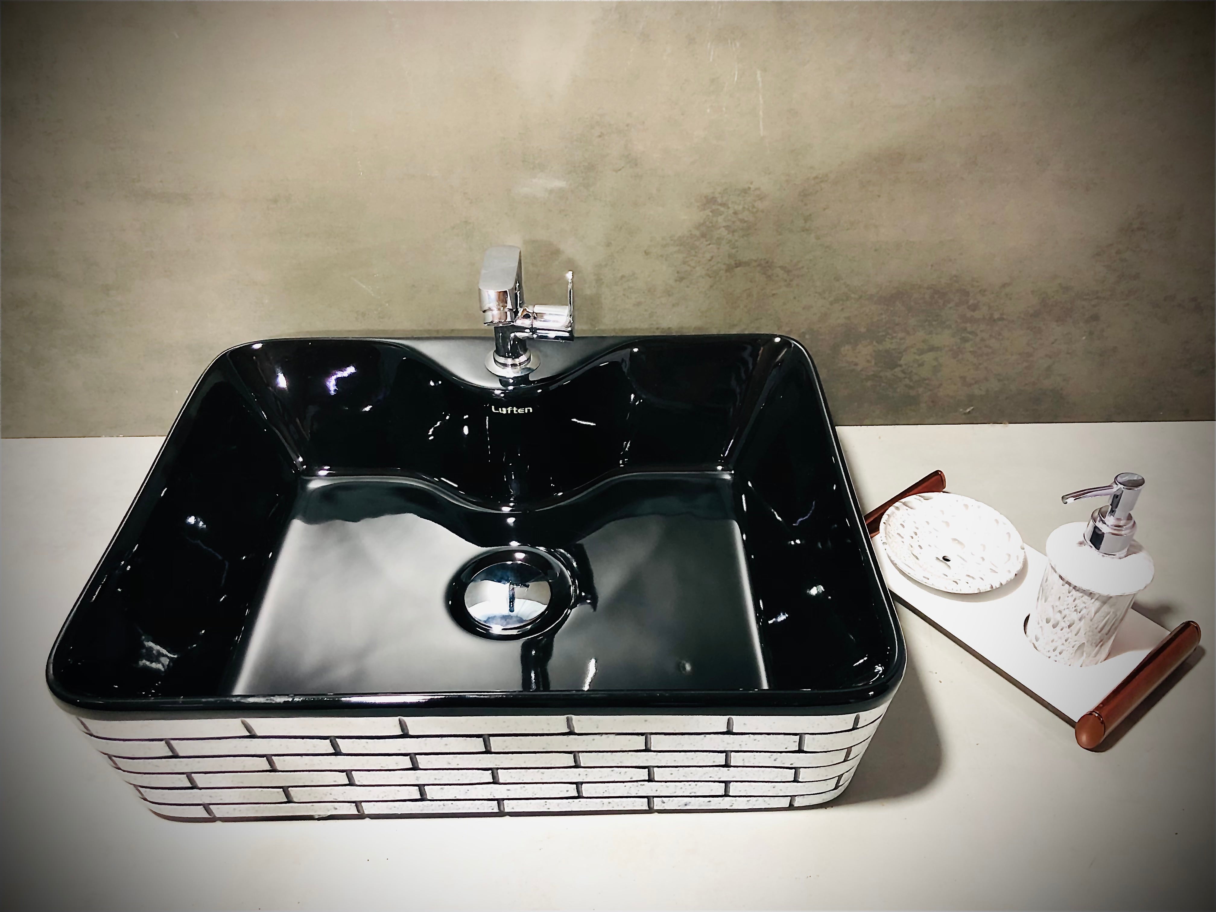 DELTA Designer Structure Based Ceramic Wash Basin with Waste Pipe & Coupling set (19*15*5)(Structure) Table Top Basin (Black)