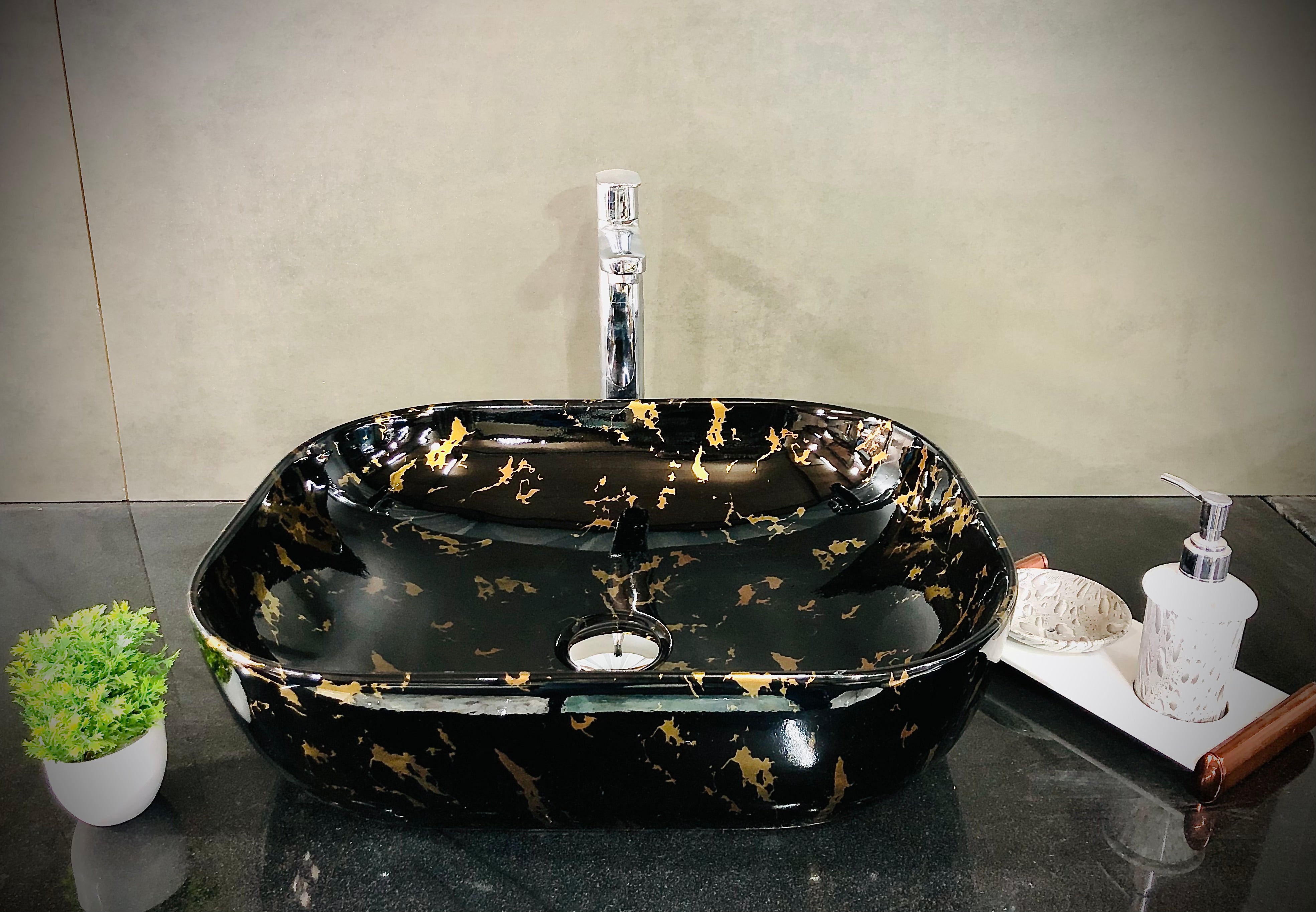 DELTA Premium Designer Ceramic Wash Basin(M24) with Waste Pipe & Coupling set inch(19.5*14.5*5)(M24) Table Top Basin (Black, Gold)