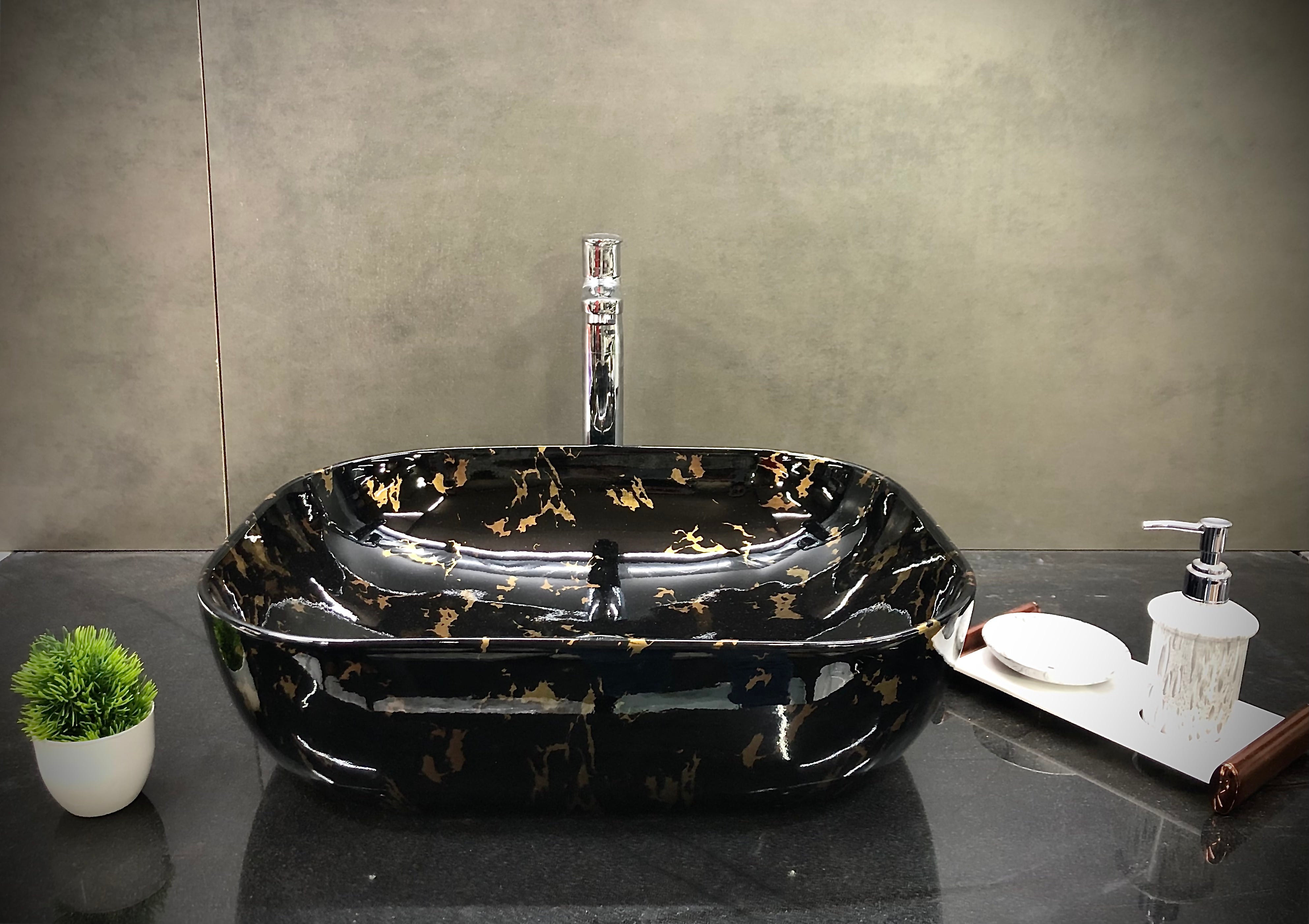 DELTA Premium Designer Ceramic Wash Basin(M24) with Waste Pipe & Coupling set inch(19.5*14.5*5)(M24) Table Top Basin (Black, Gold)