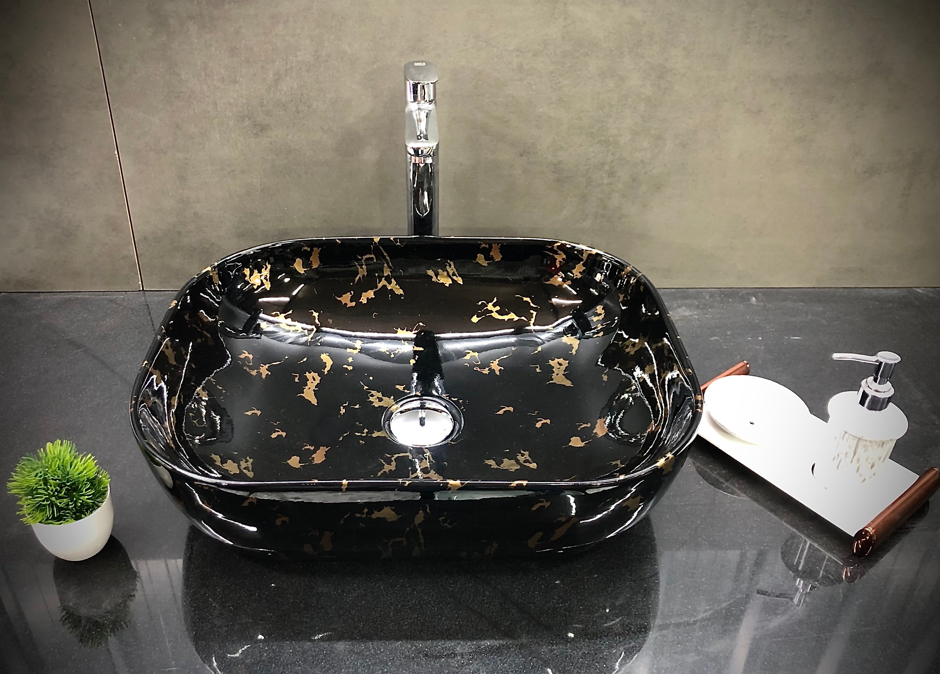 DELTA Premium Designer Ceramic Wash Basin(M24) with Waste Pipe & Coupling set inch(19.5*14.5*5)(M24) Table Top Basin (Black, Gold)