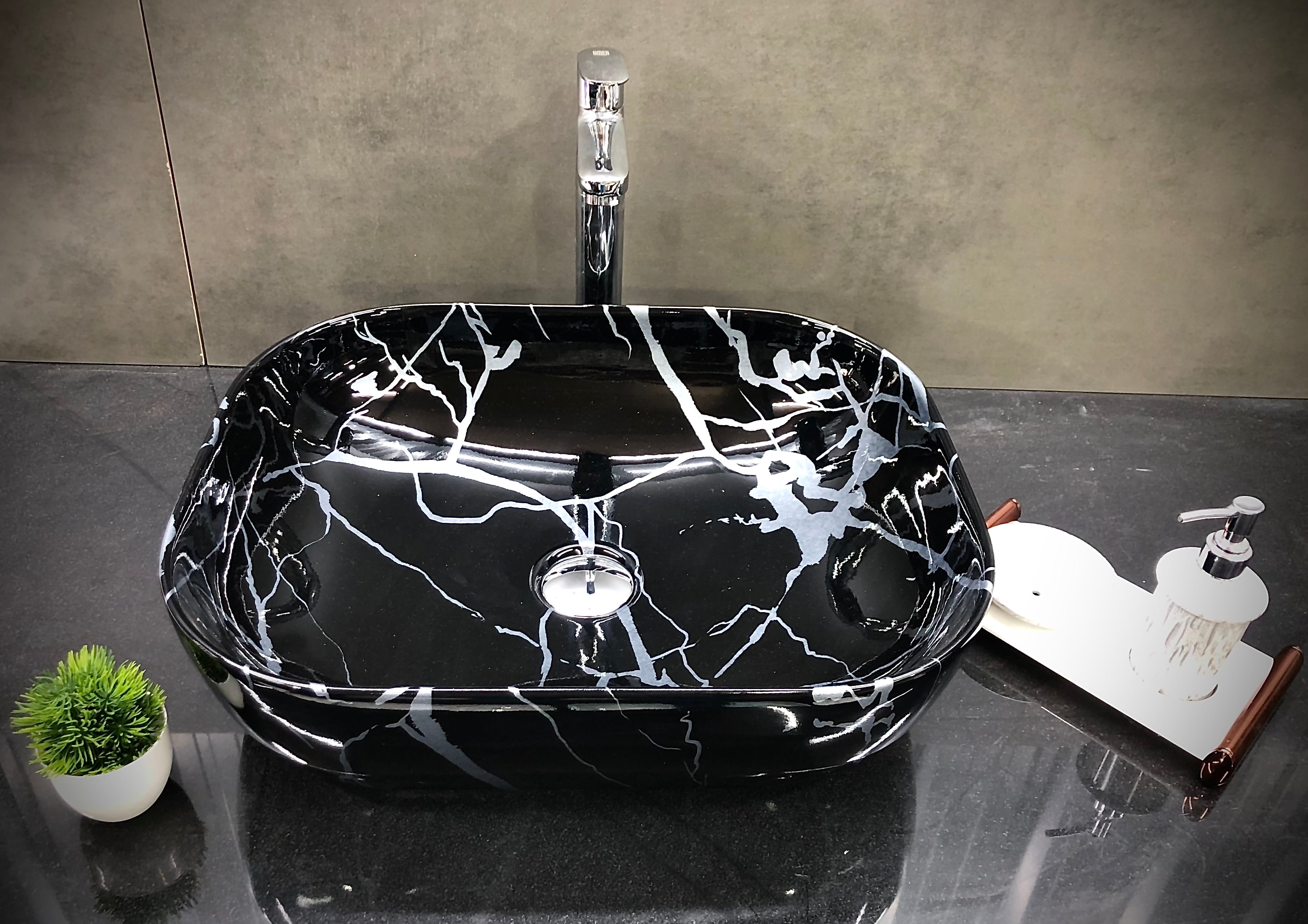 DELTA Premium Designer Ceramic Wash Basin(M53)(Silver) inch(19.5*14.5*5)(M53)(Silver) Table Top Basin (Black, Silver)