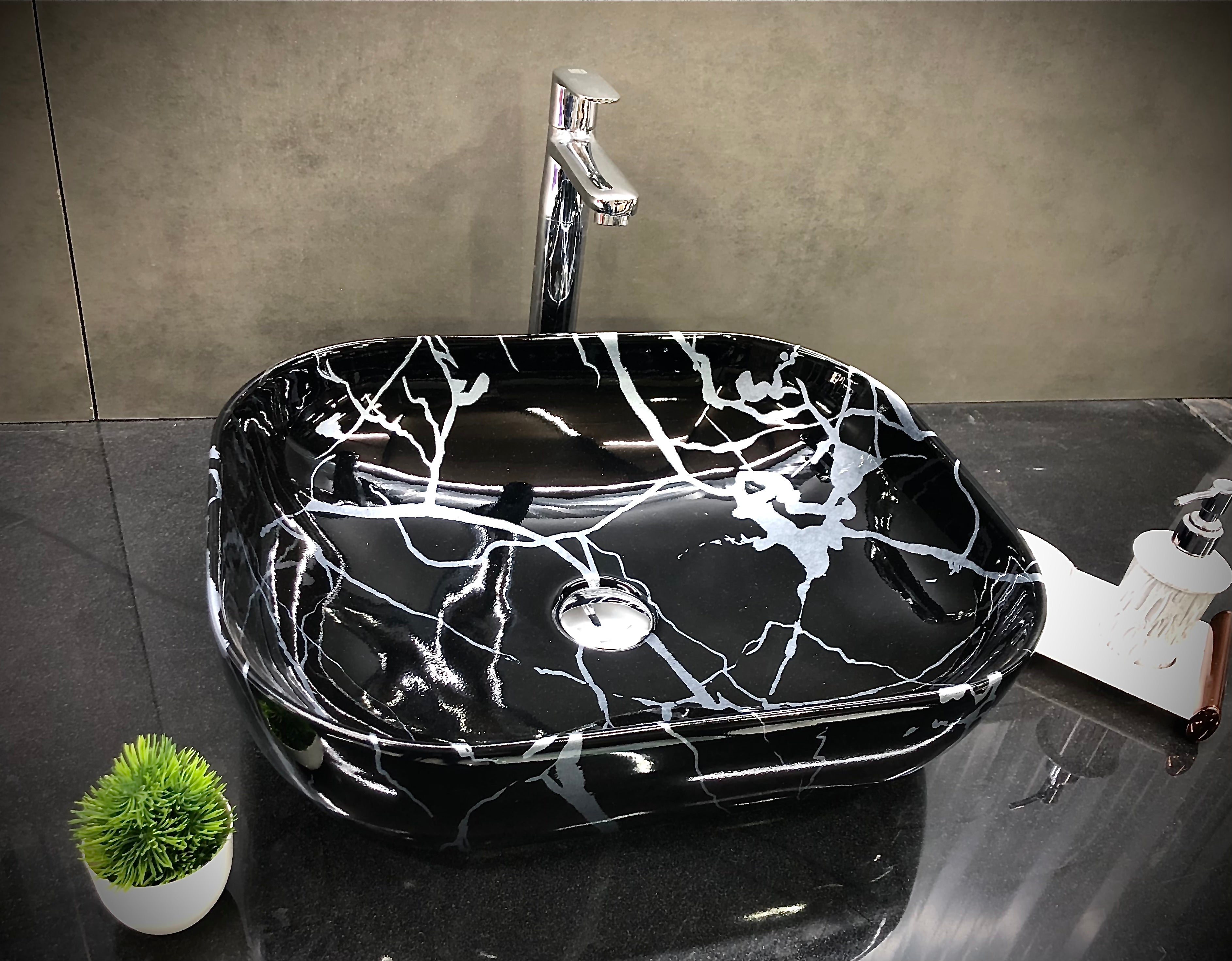 DELTA Premium Designer Ceramic Wash Basin(M53)(Silver) inch(19.5*14.5*5)(M53)(Silver) Table Top Basin (Black, Silver)