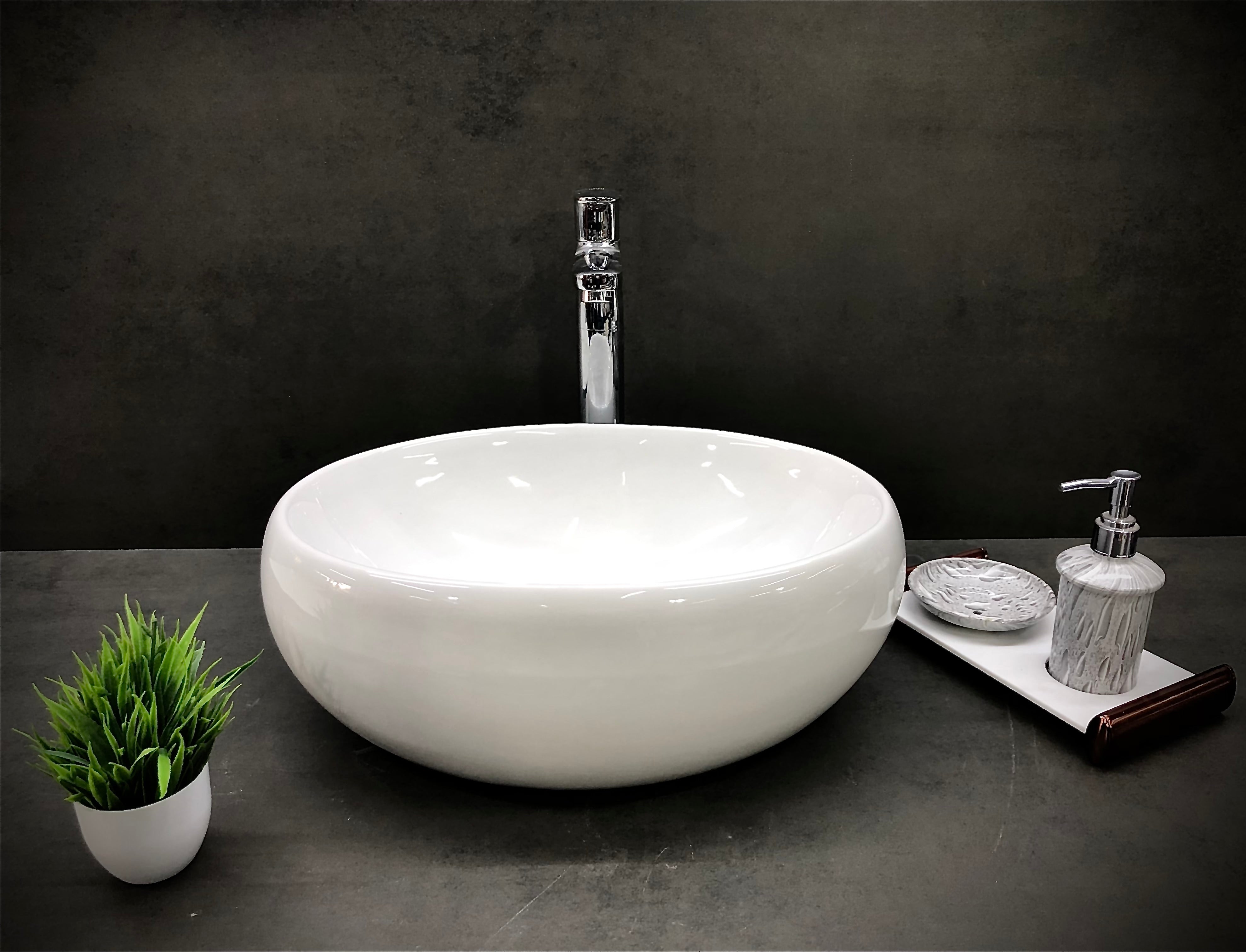 Delta Premium White Ceramic Wash Basin(White) with Waste Pipe & Coupling set (16x12x6)(White-Round) Table Top Basin (White)