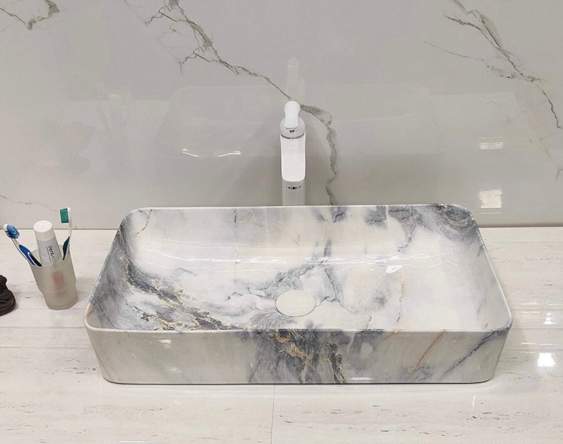 DELTA Big Size Premium Designer Ceramic Wash Basin(M49) with Waste Pipe & Coupling Set (24*13.5*5)(M49) Table Top Basin (White)