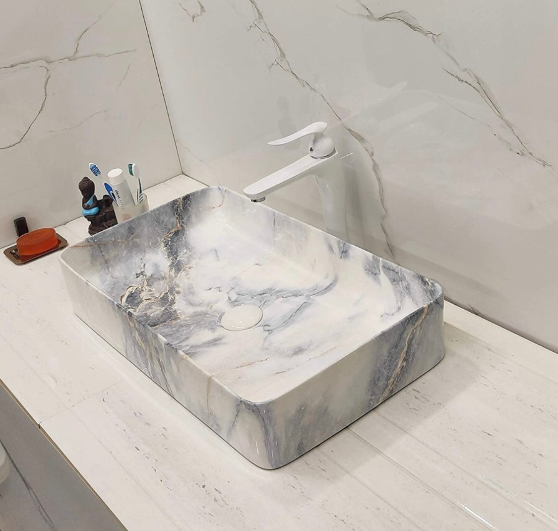 DELTA Big Size Premium Designer Ceramic Wash Basin(M49) with Waste Pipe & Coupling Set (24*13.5*5)(M49) Table Top Basin (White)