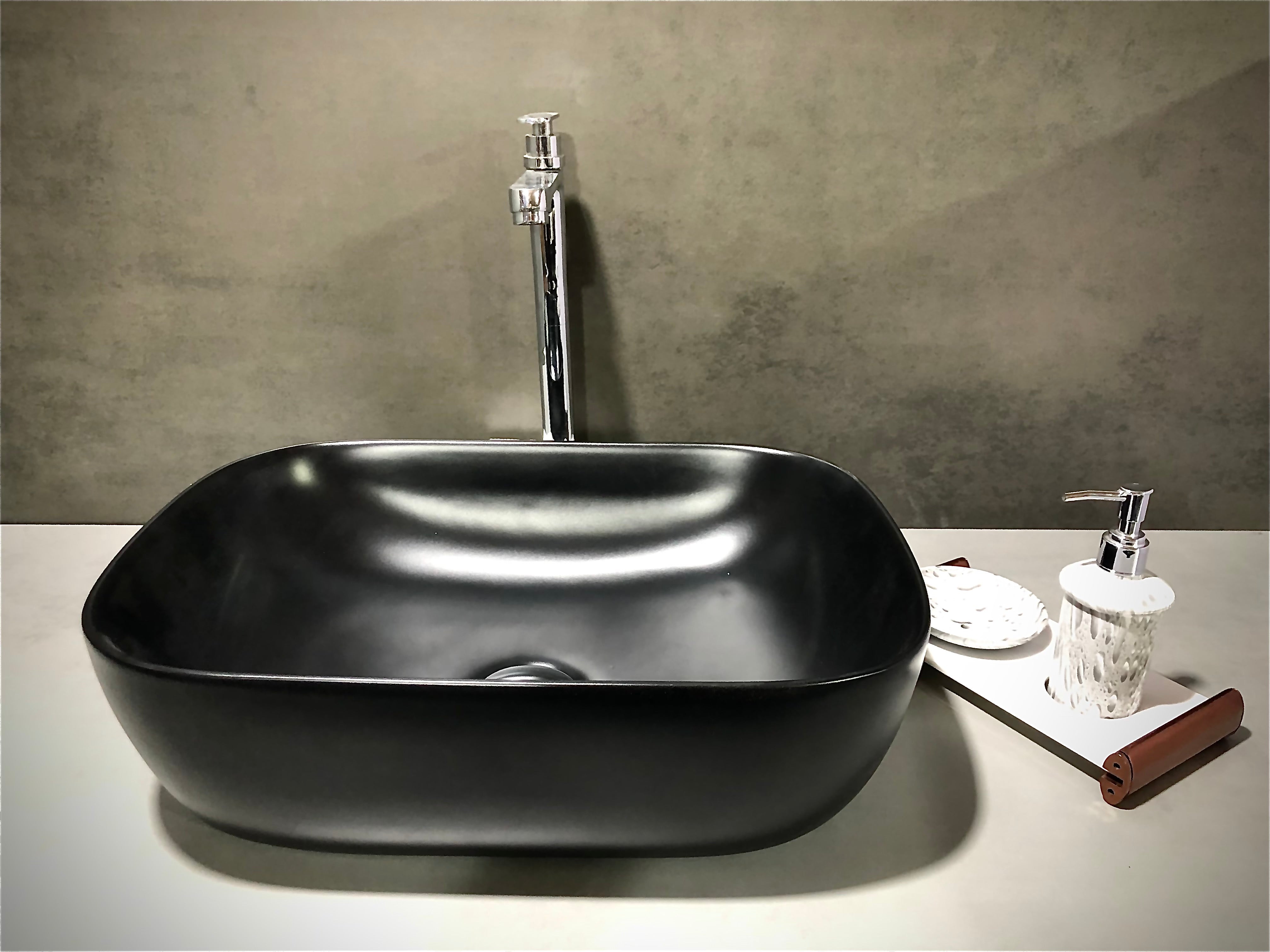 DELTA Premium Designer Ceramic Wash Basin(Matte Finish) with Waste Pipe & Coupling set (Black Matte)(18*13*5) Table Top Basin (Black)
