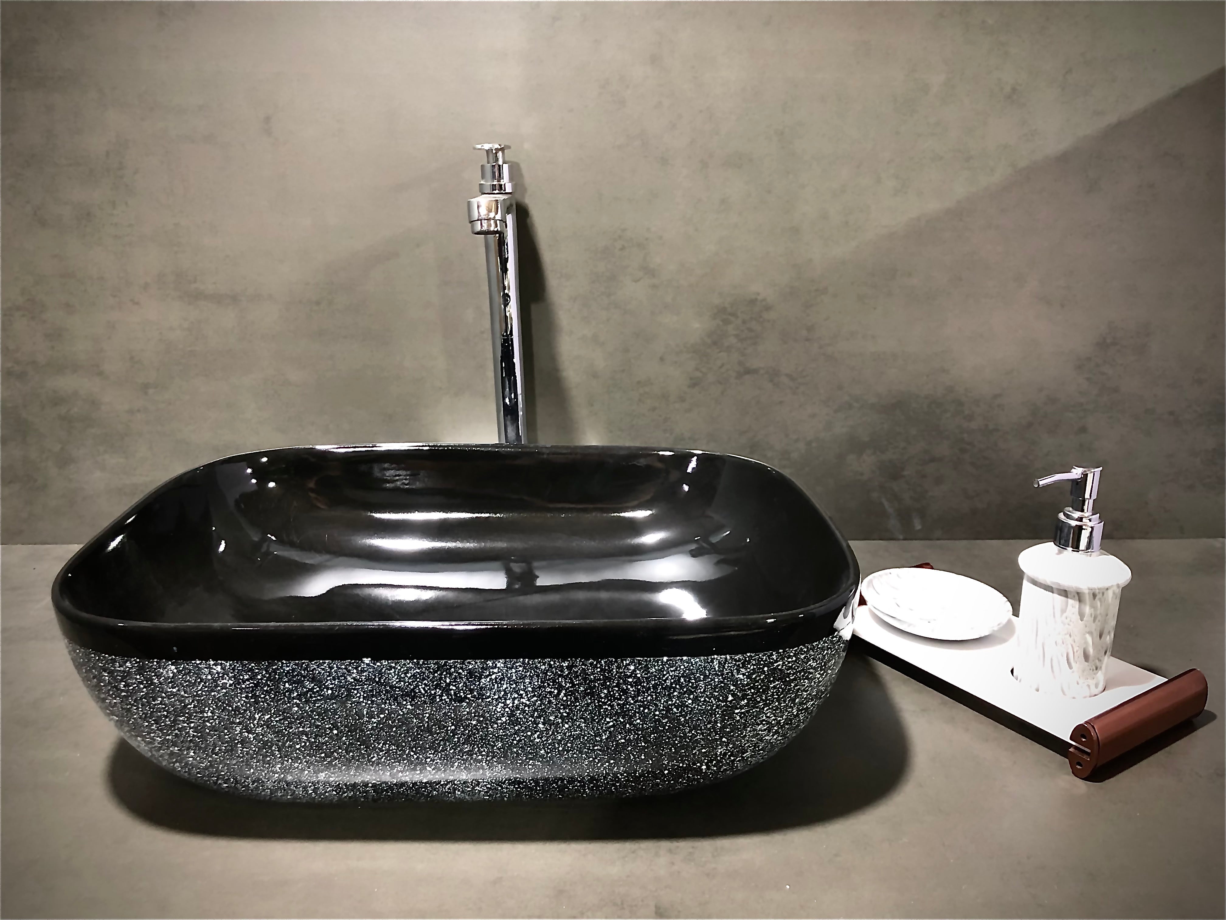 DELTA Premium Designer Ceramic Wash Basin(0022) with Waste Pipe & Coupling set (18x13x5)(0022) Table Top Basin (Black)