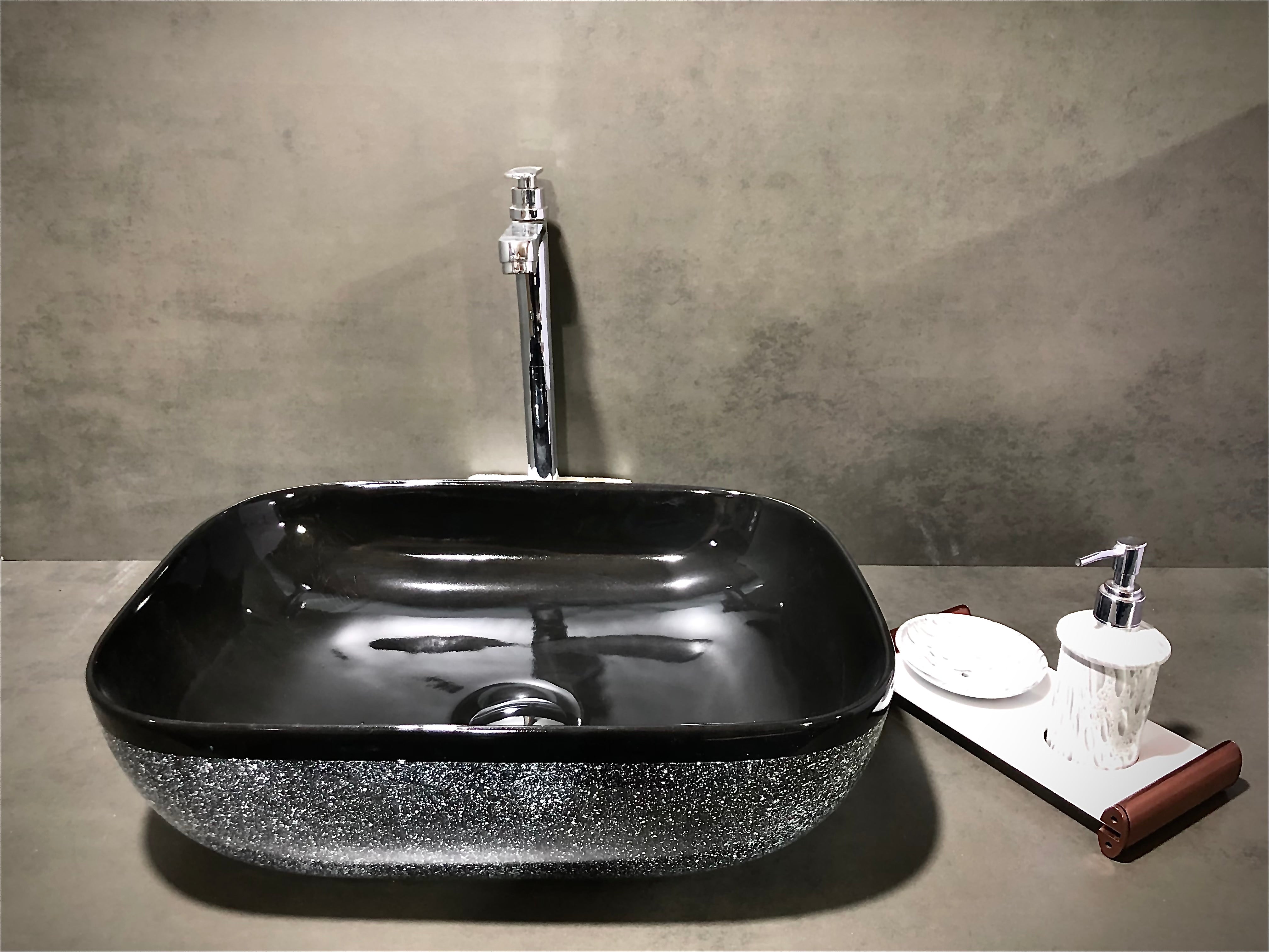 DELTA Premium Designer Ceramic Wash Basin(0022) with Waste Pipe & Coupling set (18x13x5)(0022) Table Top Basin (Black)