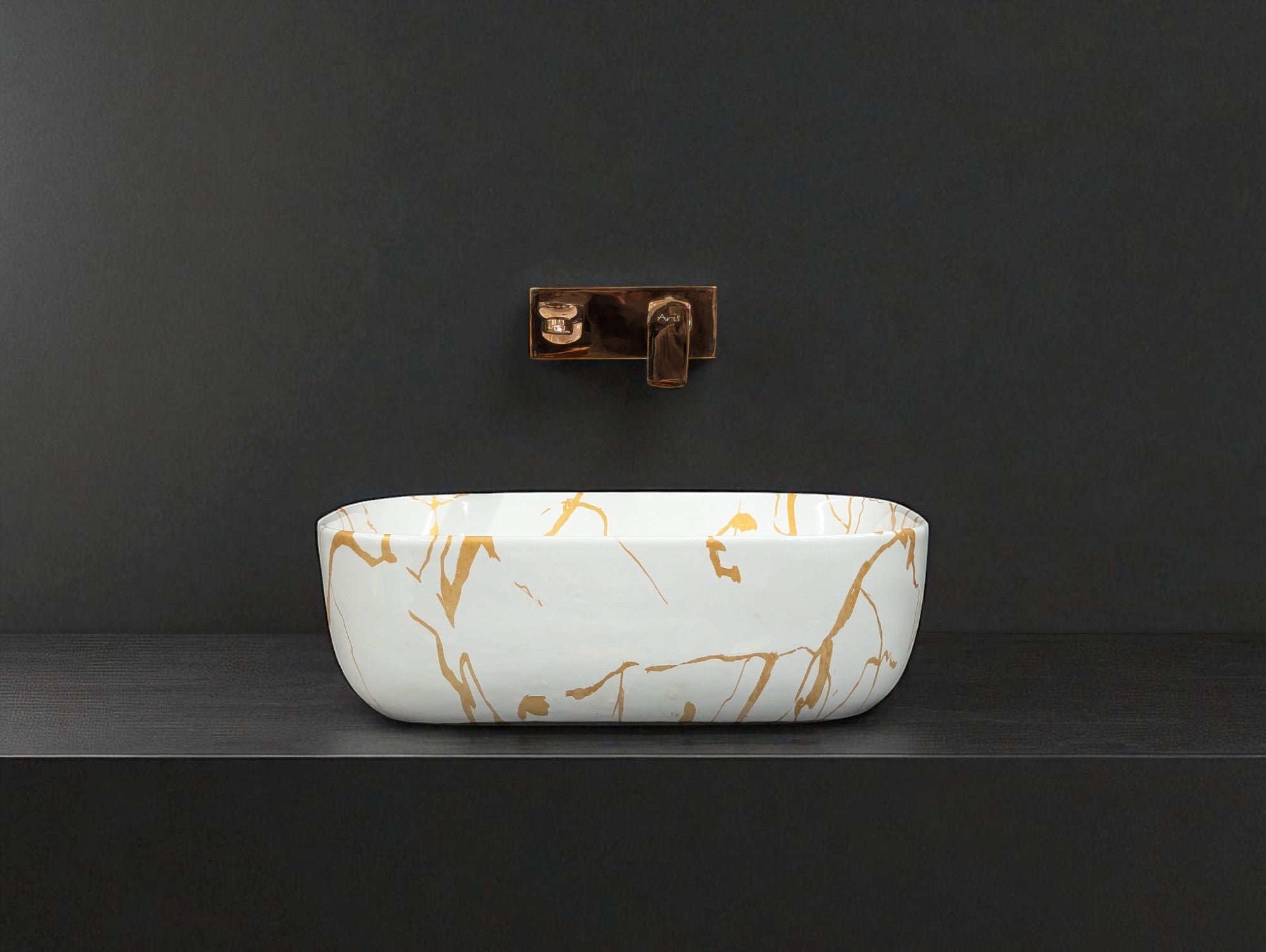 DELTA Premium Ceramic washbasin with Waste Pipe & Coupling set RJ_M51 Designer Wash Basin for Home,Kitchen,Restaurant and Hotel Table Top Basin  (White & Golden)