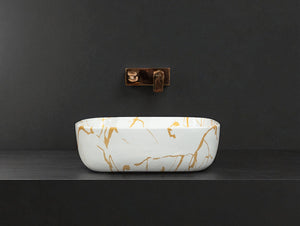 DELTA Premium Ceramic washbasin with Waste Pipe & Coupling set RJ_M51 Designer Wash Basin for Home,Kitchen,Restaurant and Hotel Table Top Basin  (White & Golden)