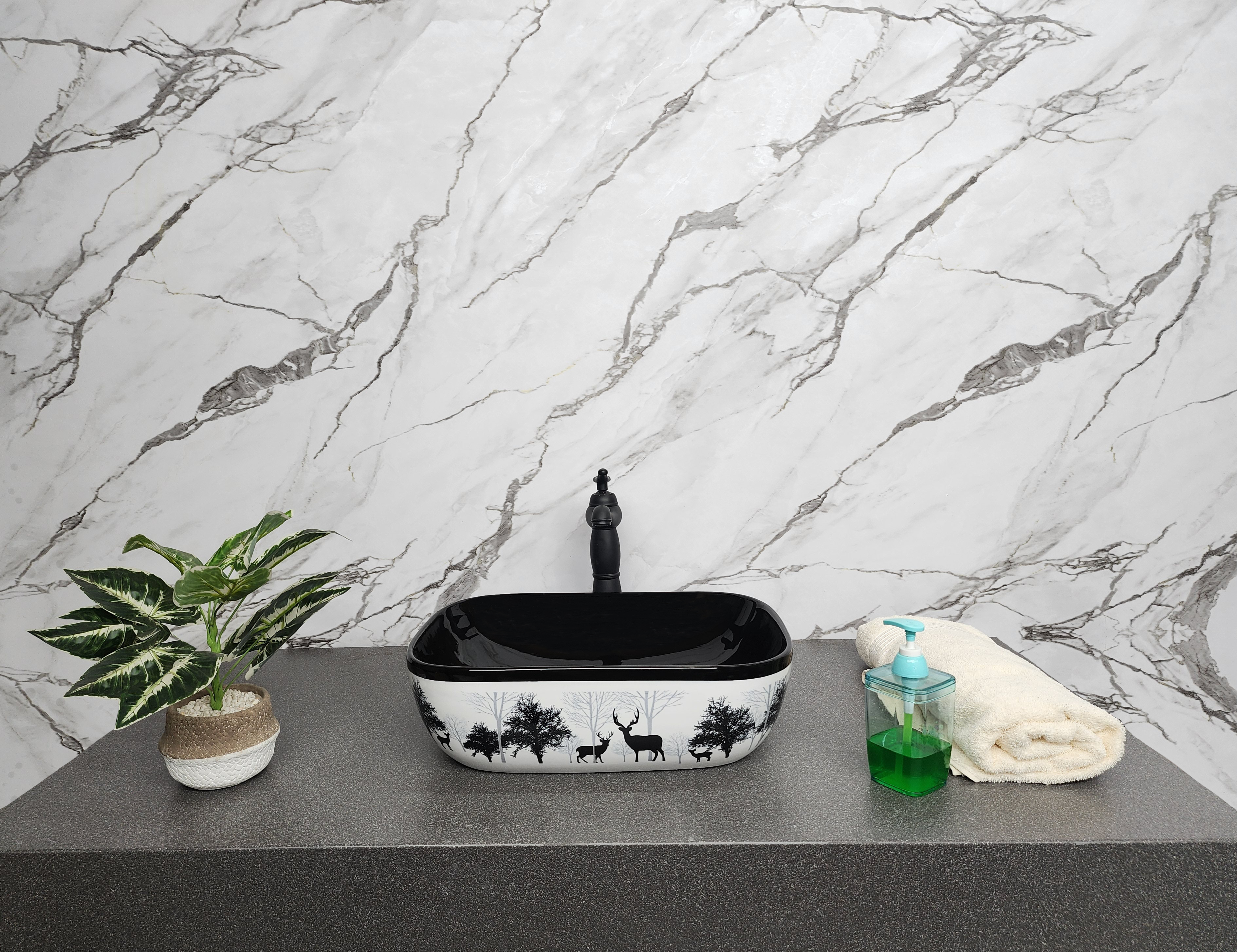 Delta Premium Designer Ceramic Wash Basin with Waste Pipe & Coupling Set Designer Wash Basin (Deer) Table Top Basin