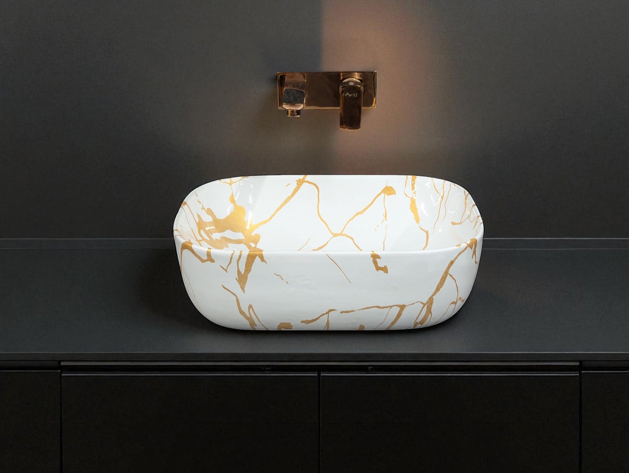 DELTA Premium Ceramic washbasin with Waste Pipe & Coupling set RJ_M51 Designer Wash Basin for Home,Kitchen,Restaurant and Hotel Table Top Basin  (White & Golden)