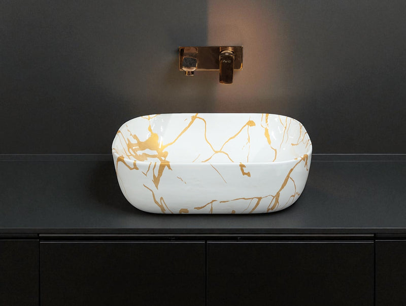 DELTA Premium Ceramic washbasin with Waste Pipe & Coupling set RJ_M51 Designer Wash Basin for Home,Kitchen,Restaurant and Hotel Table Top Basin  (White & Golden)