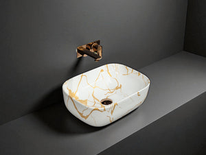 DELTA Premium Ceramic washbasin with Waste Pipe & Coupling set RJ_M51 Designer Wash Basin for Home,Kitchen,Restaurant and Hotel Table Top Basin  (White & Golden)