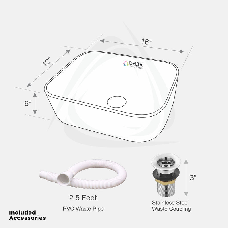 DELTA Premium Designer Ceramic Wash Basin(UP_06) with Waste Pipe & Coupling set (06)(16*12*6) Table Top Basin  (White)